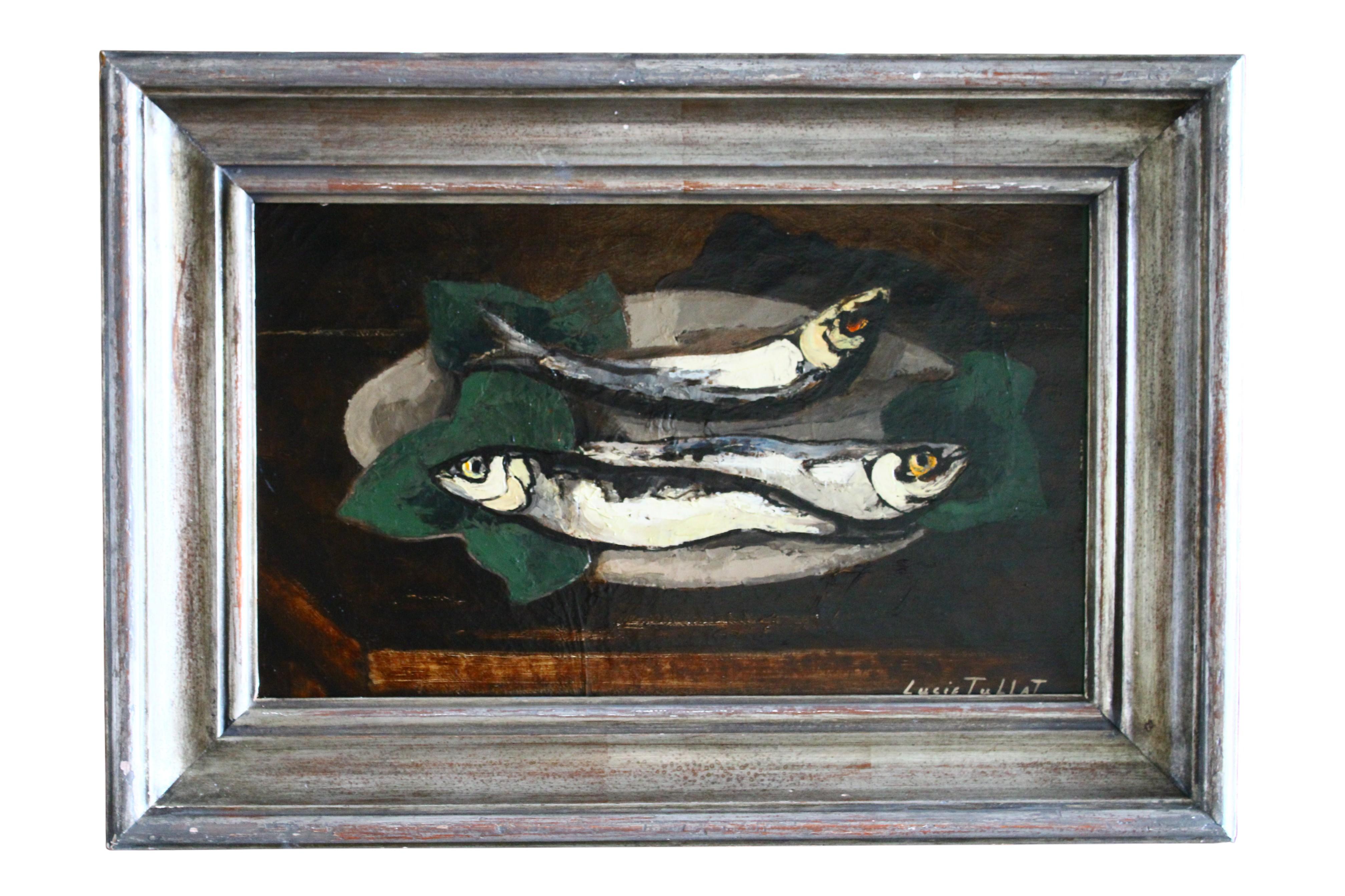 Rare vintage oil painting of fish by French artist Lucie Tullat, signed in the bottom right and in it
s original frame.   A simplistic composition that has a big affect on the eye!  Keeping the colour tones to a minimum, this clever artist, one of