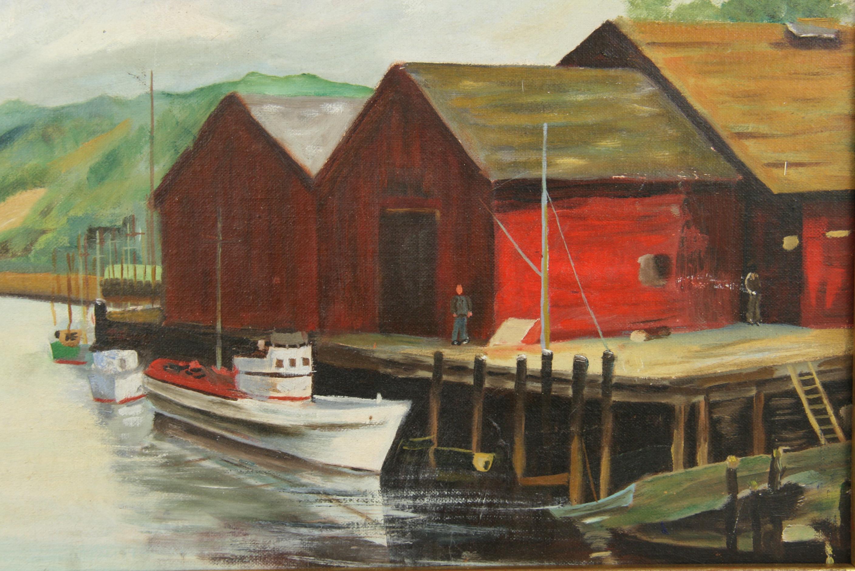 Gerahmtes Ölgemälde im amerikanischen Impressionismus, New England, Hafen- Meereslandschaft, gerahmt, Vintage – Painting von Lucien