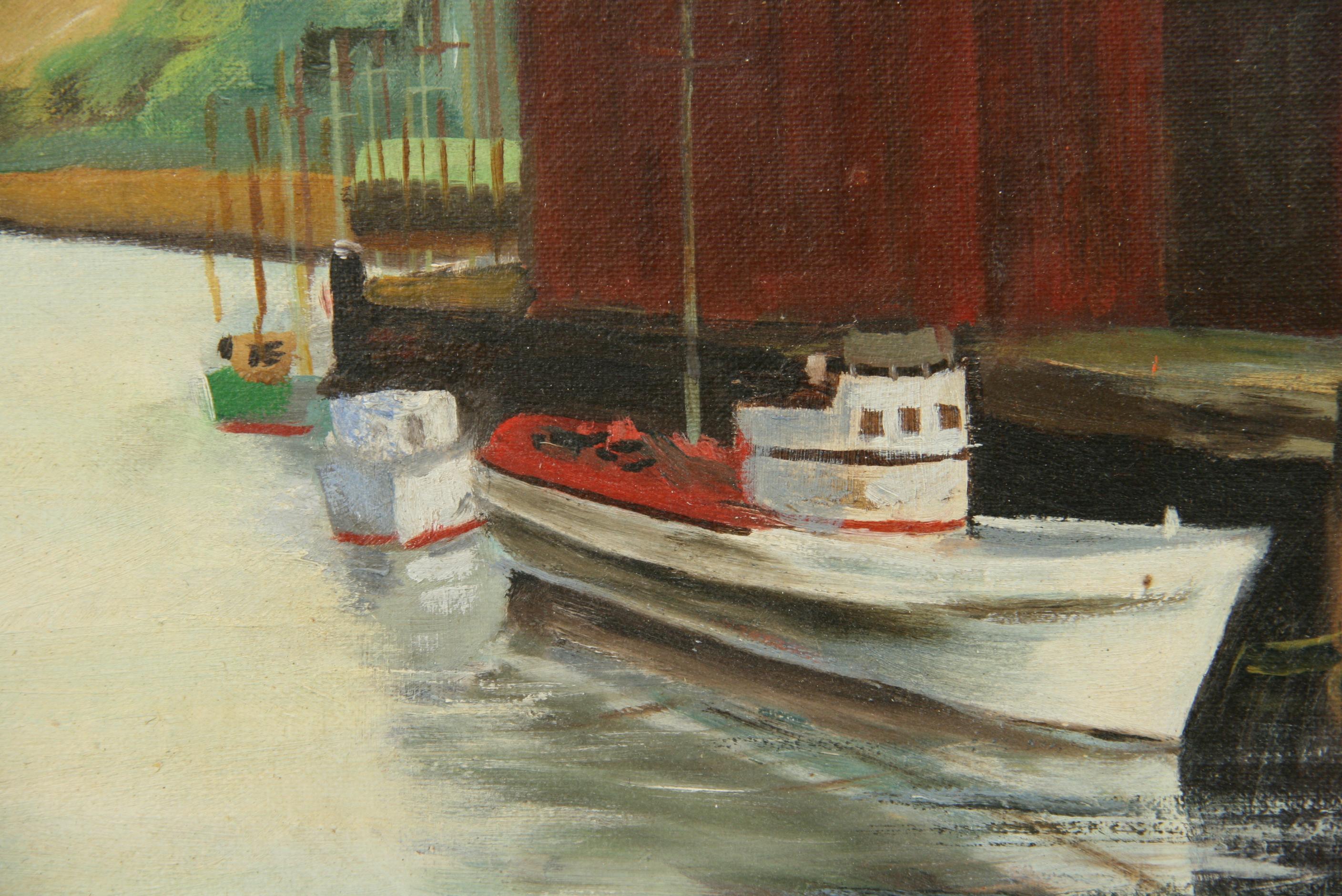 Gerahmtes Ölgemälde im amerikanischen Impressionismus, New England, Hafen- Meereslandschaft, gerahmt, Vintage (Beige), Landscape Painting, von Lucien