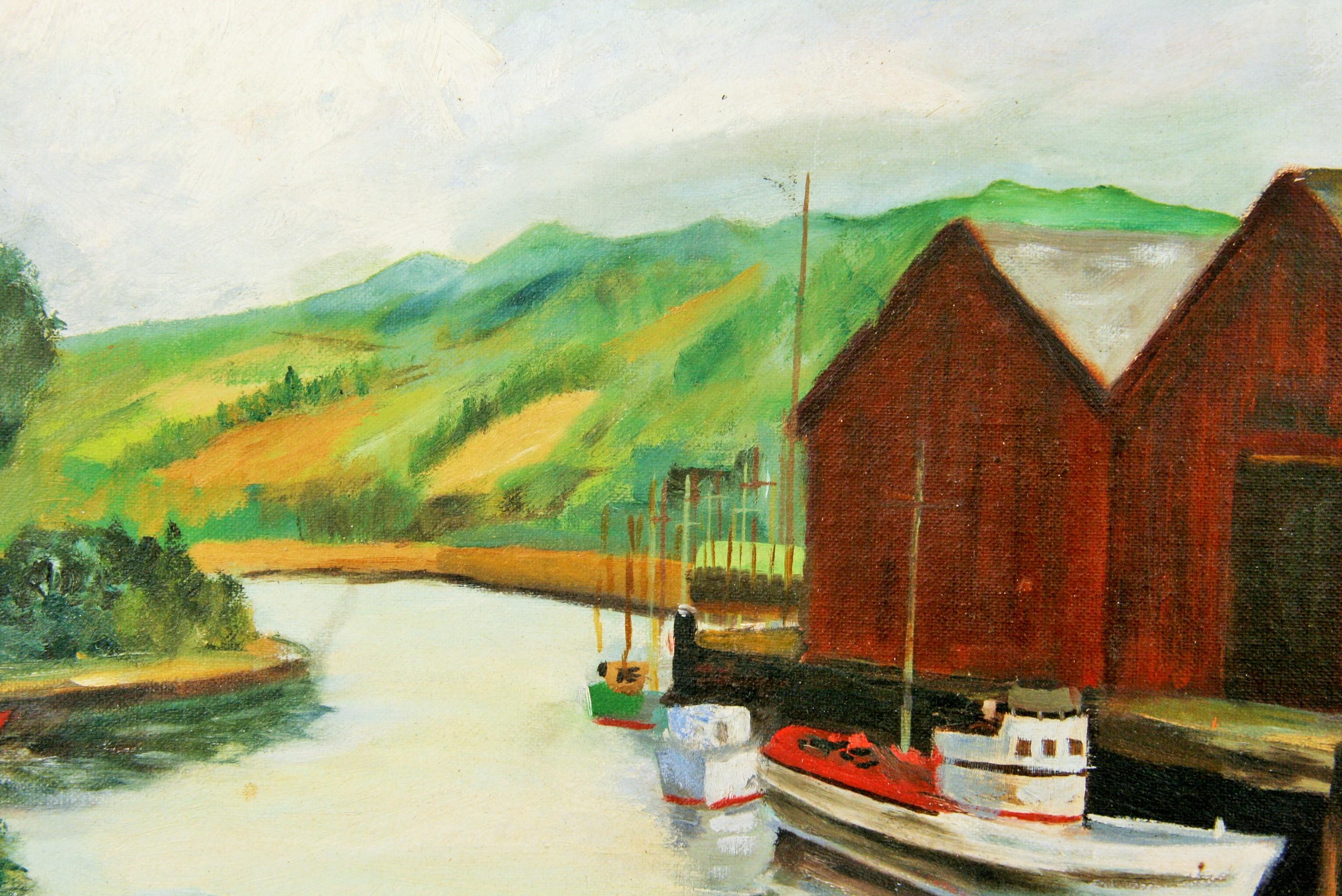 Gerahmtes Ölgemälde im amerikanischen Impressionismus, New England, Hafen- Meereslandschaft, gerahmt, Vintage im Angebot 1