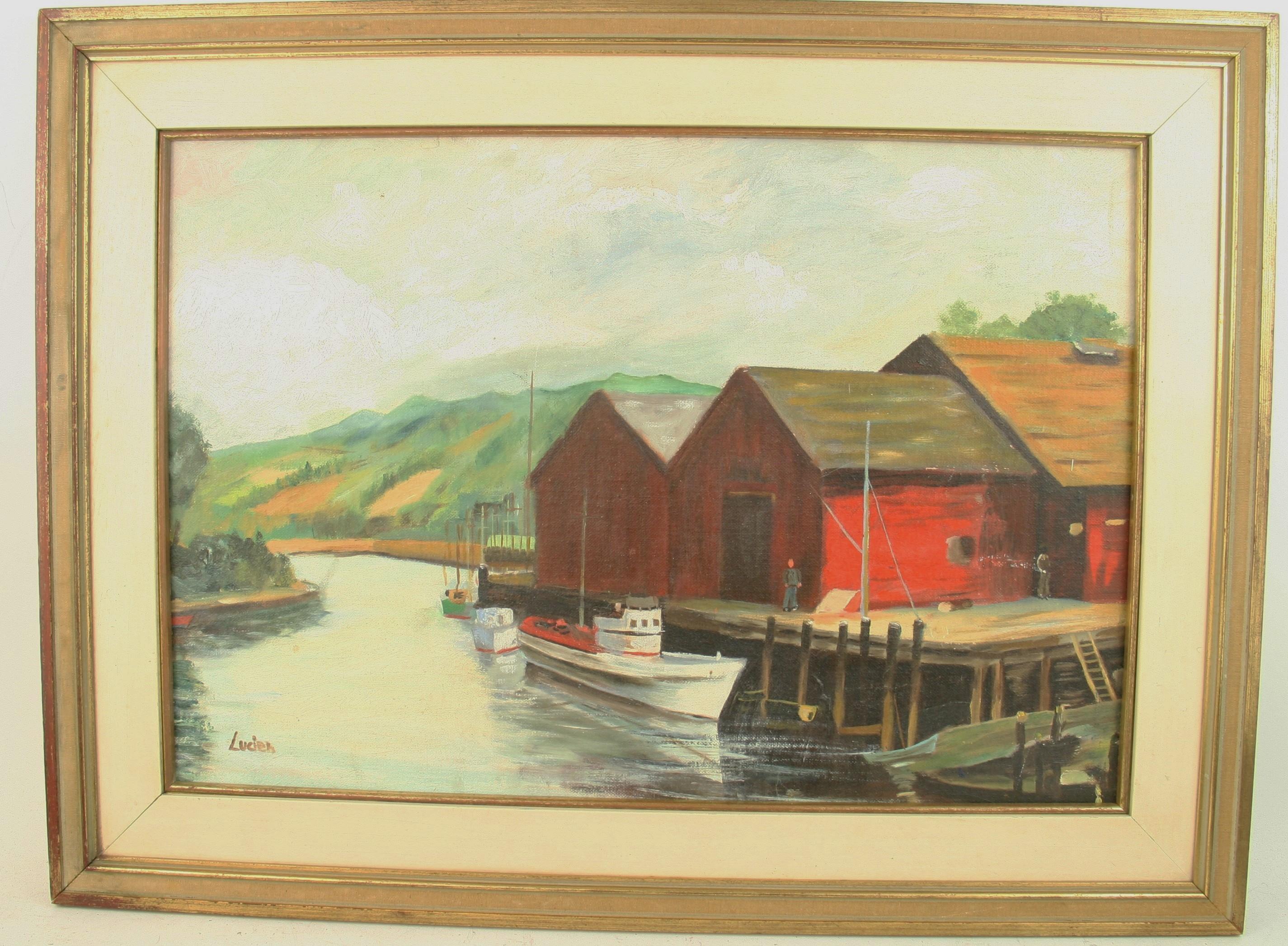 Lucien Landscape Painting - Vintage American Impressionist New England Harbor Seascape Framed Oil Painting