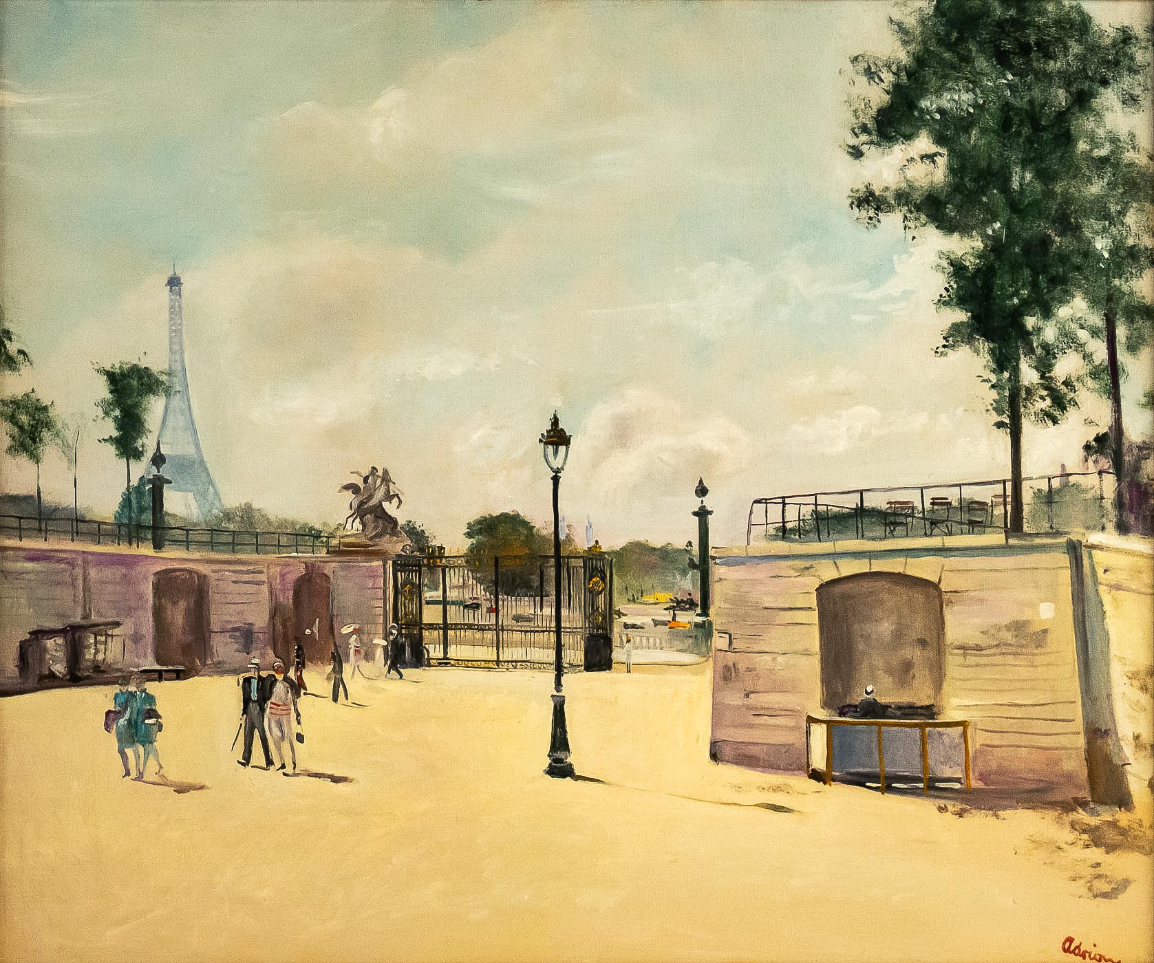 Art Deco Lucien Adrion Oil on Canvas Tuileries View in the 1930s, Paris For Sale