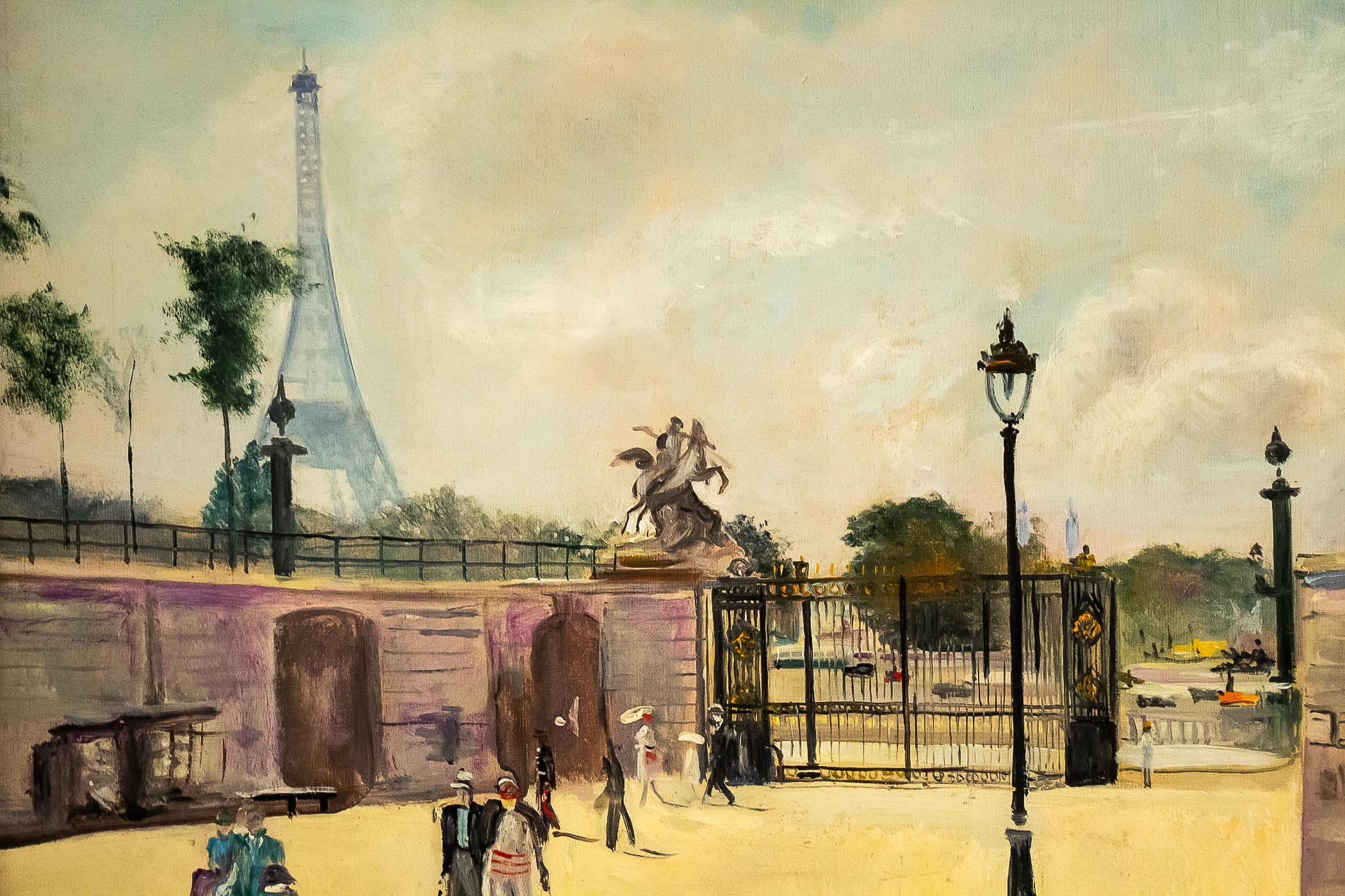 Painted Lucien Adrion Oil on Canvas Tuileries View in the 1930s, Paris For Sale