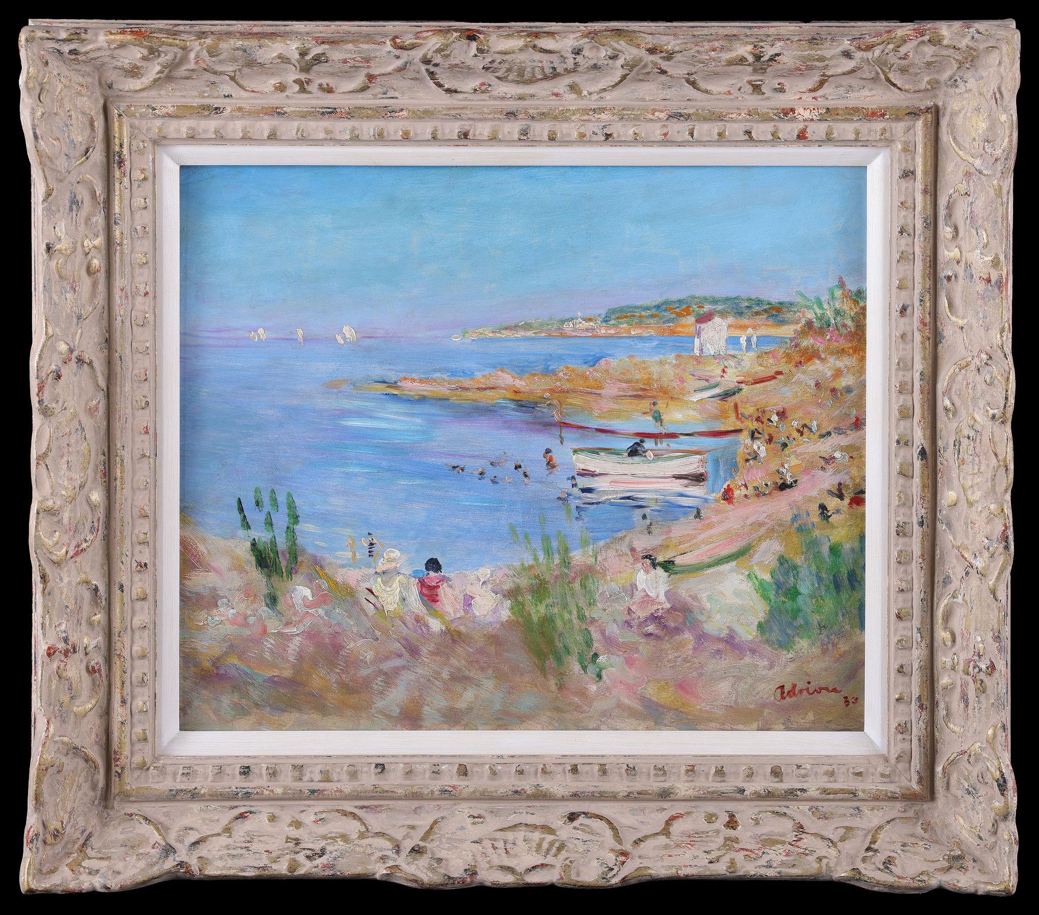 1930 Signiert Antike Strandszene Öl auf Tafel Gemälde von Lucien Adrion