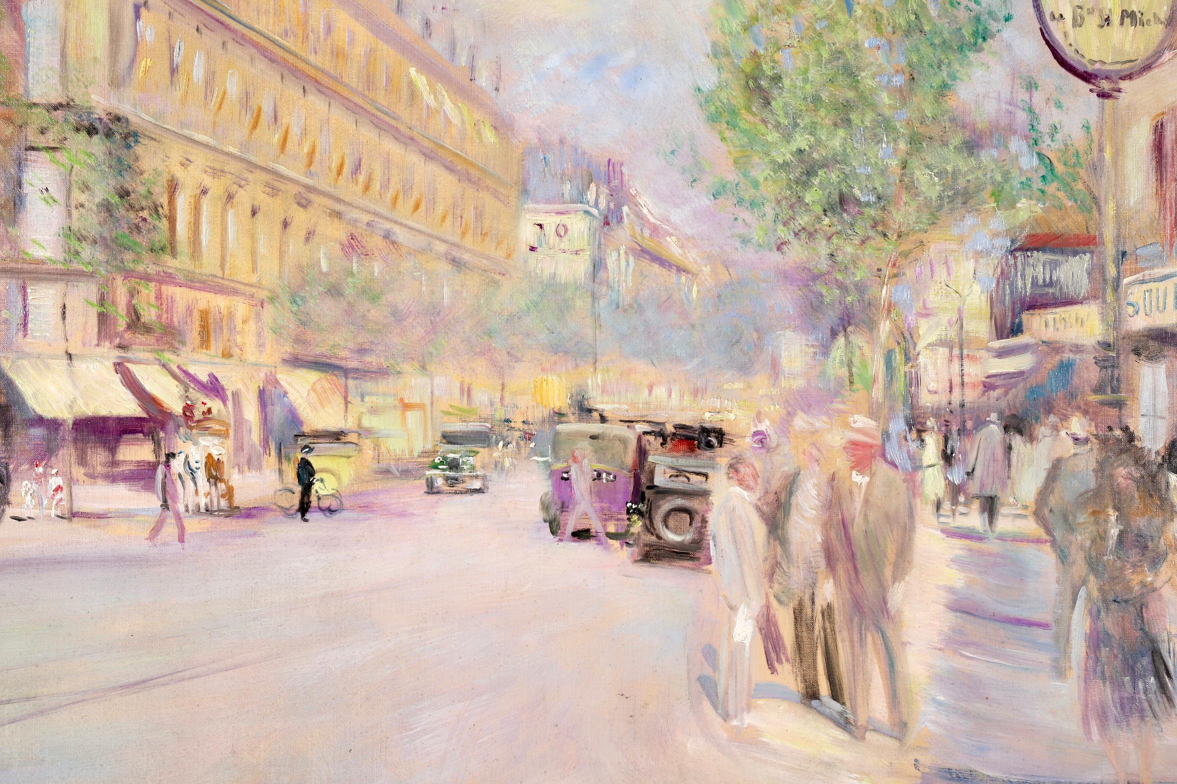 Boulevard Saint-Michel - Paris - Post Impressionist Oil, Cityscape by L Adrion - Gray Figurative Painting by Lucien Adrion