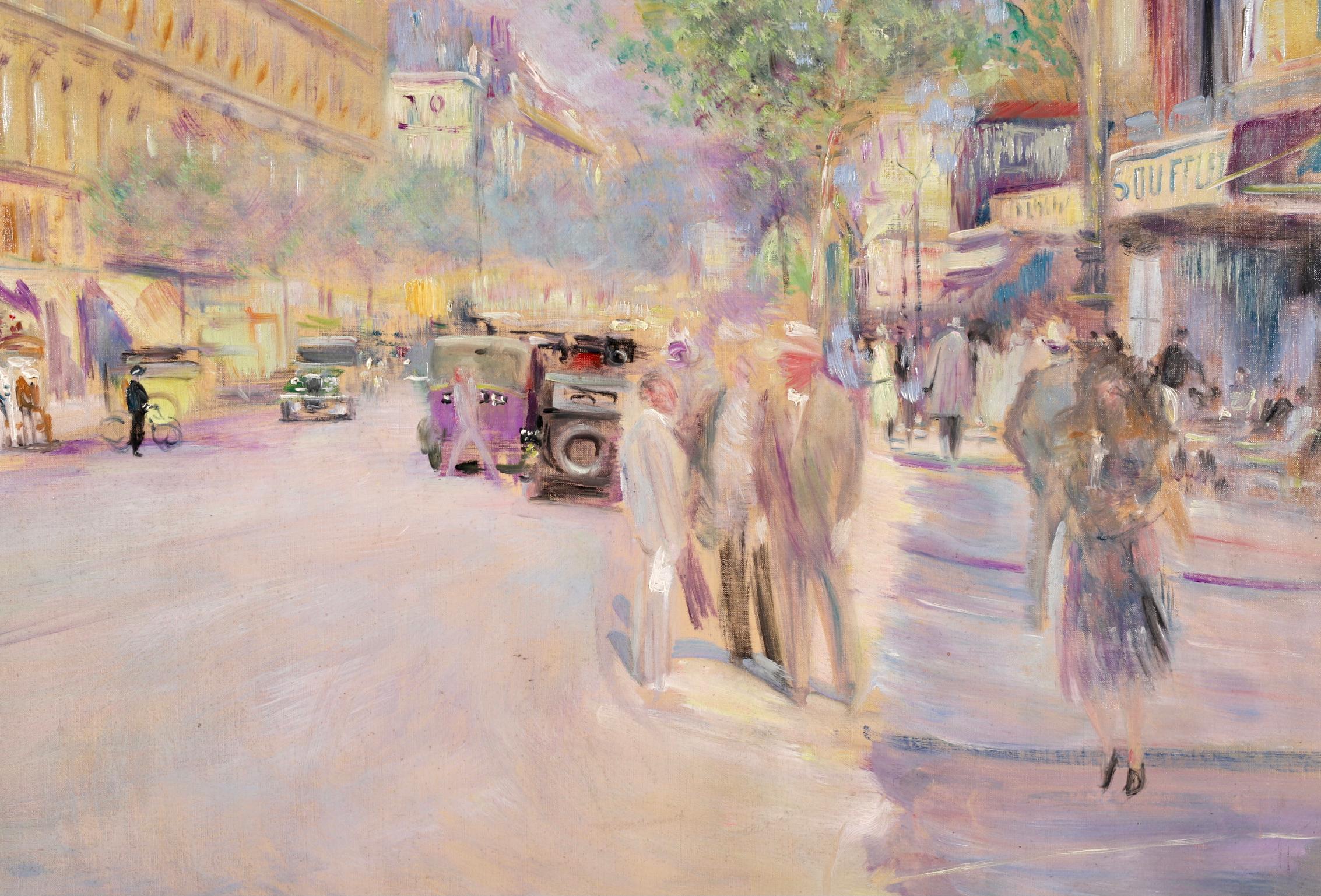 A beautifully coloured oil on canvas circa 1930 by French post-impressionist painter Lucien Adrion. The painting depicts a busy Parisian street scene. 

Signature:
Signed lower right and signed and titled verso. 

Dimensions:
Framed: