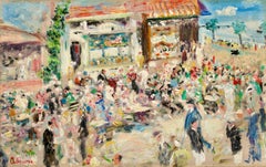 Cafe sur la Plage - Figure post-impressioniste in un paesaggio a olio di Lucien Adrion