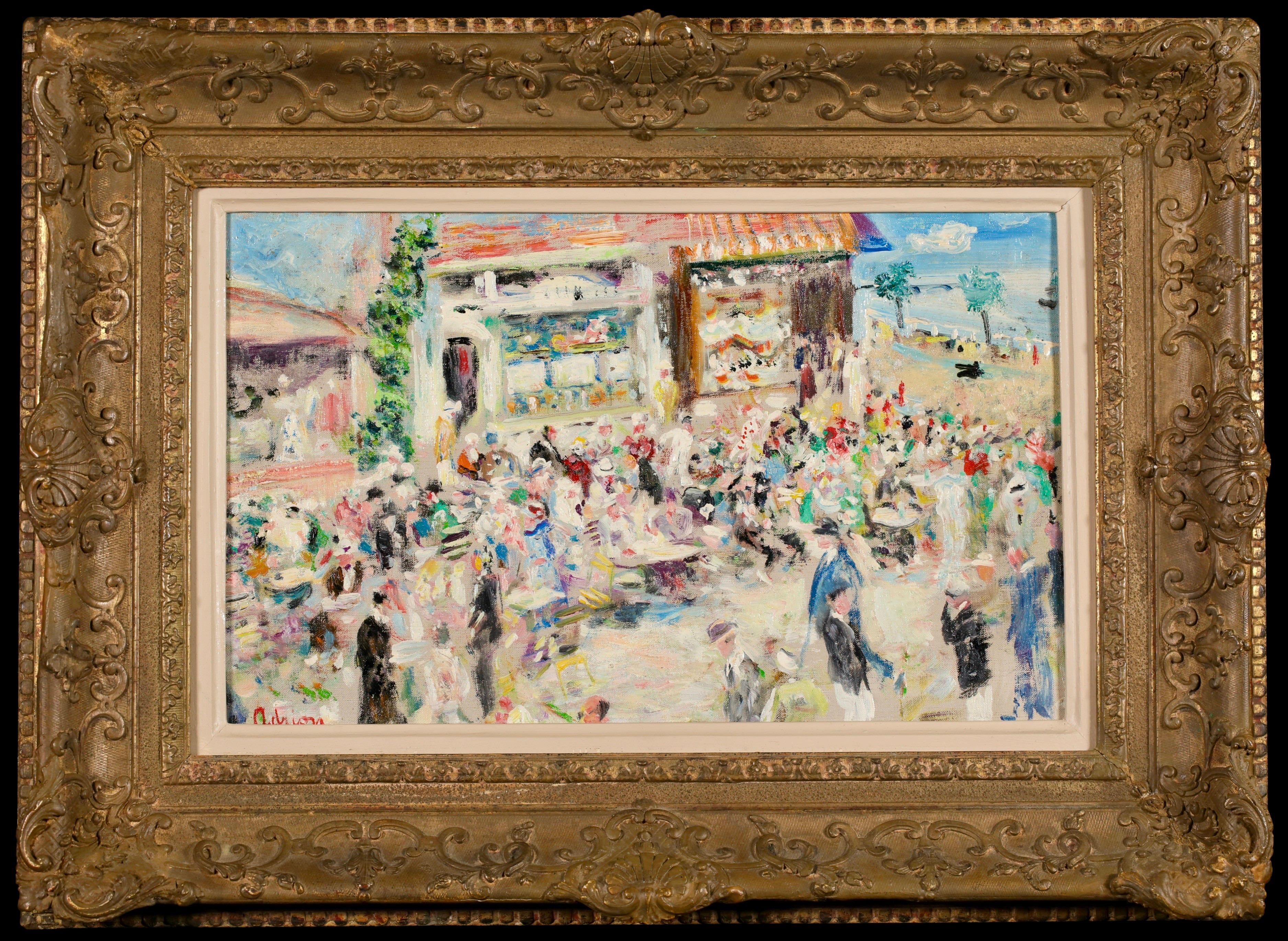 Cafe sur la Plage - Postimpressionistische Figuren in Landschaft Öl von Lucien Adrion