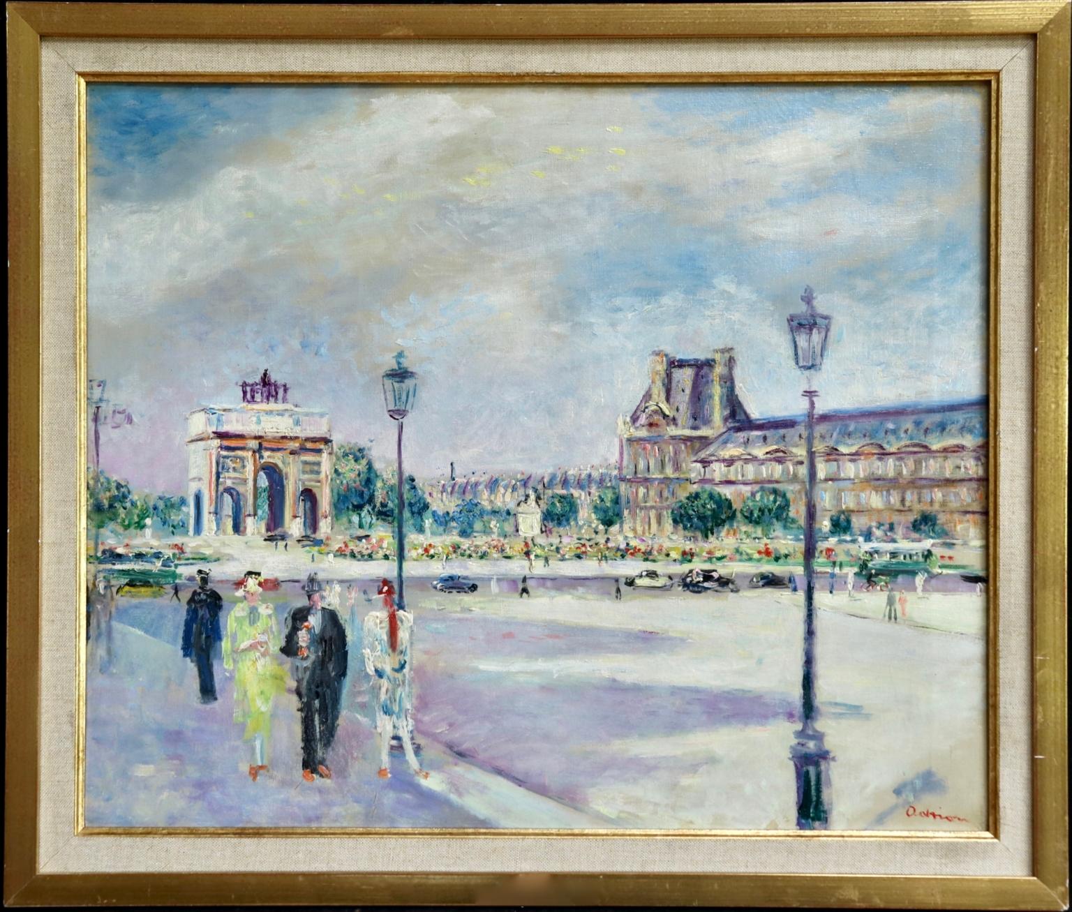 Carrousel du Louvre - Post Impressionist Oil, Figures in Cityscape by L Adrion - Painting by Lucien Adrion