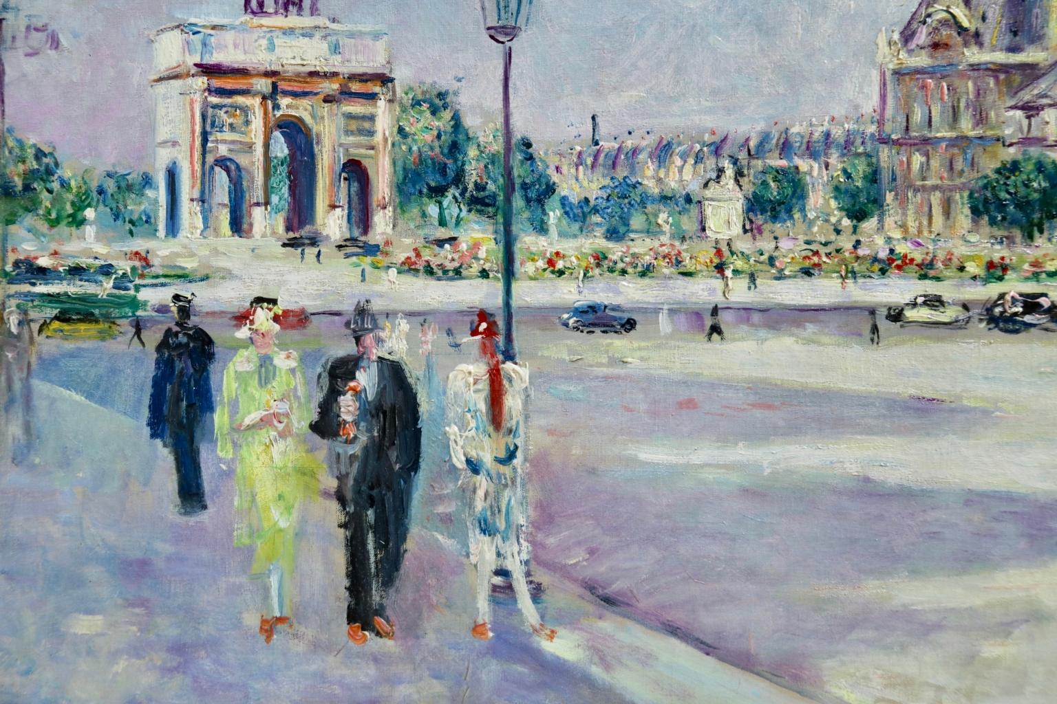 Carrousel du Louvre - Post Impressionist Oil, Figures in Cityscape by L Adrion - Post-Impressionist Painting by Lucien Adrion
