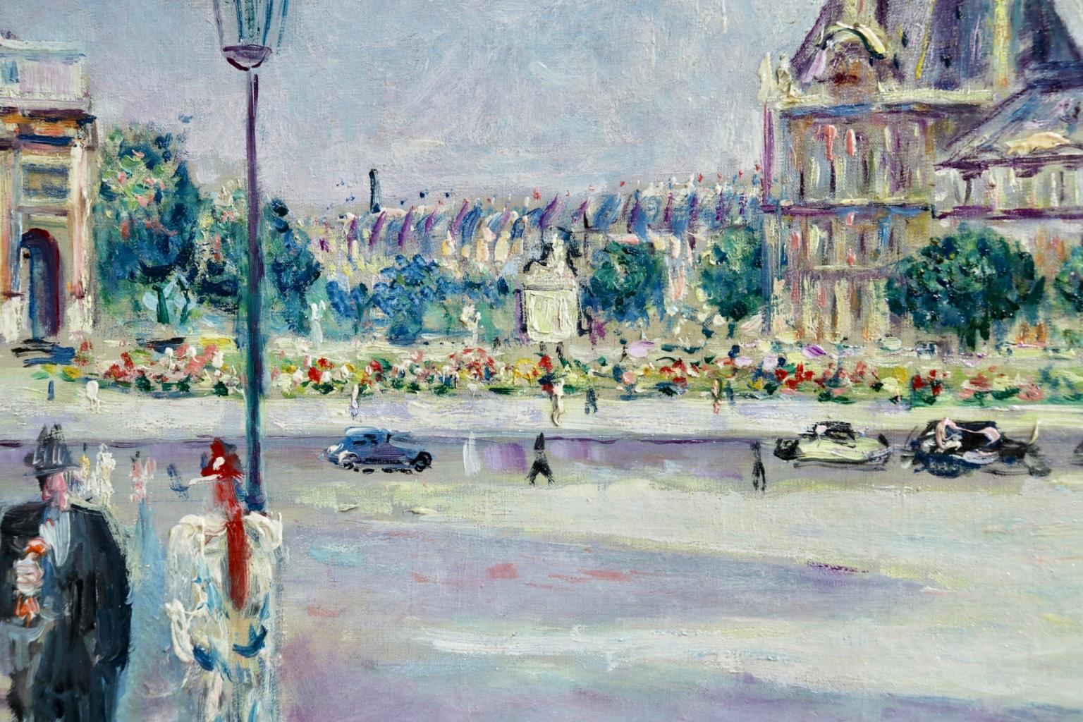 Carrousel du Louvre - Post Impressionist Oil, Figures in Cityscape by L Adrion - Gray Figurative Painting by Lucien Adrion