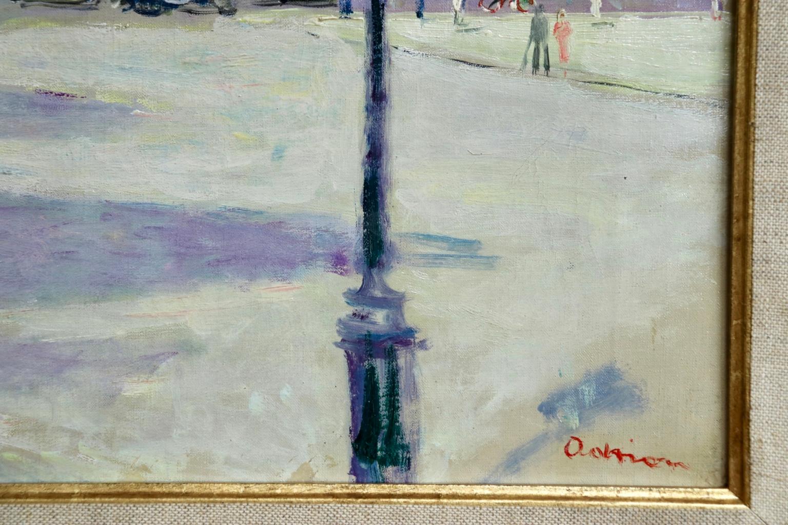 A beautifully coloured Post-Impressionist oil on canvas circa 1930 by French painter Lucien Adrion. The painting depicts elegant figures in a Parisian street scene with the Jardin du Carrousel in the background. Signed lower right and titled verso.