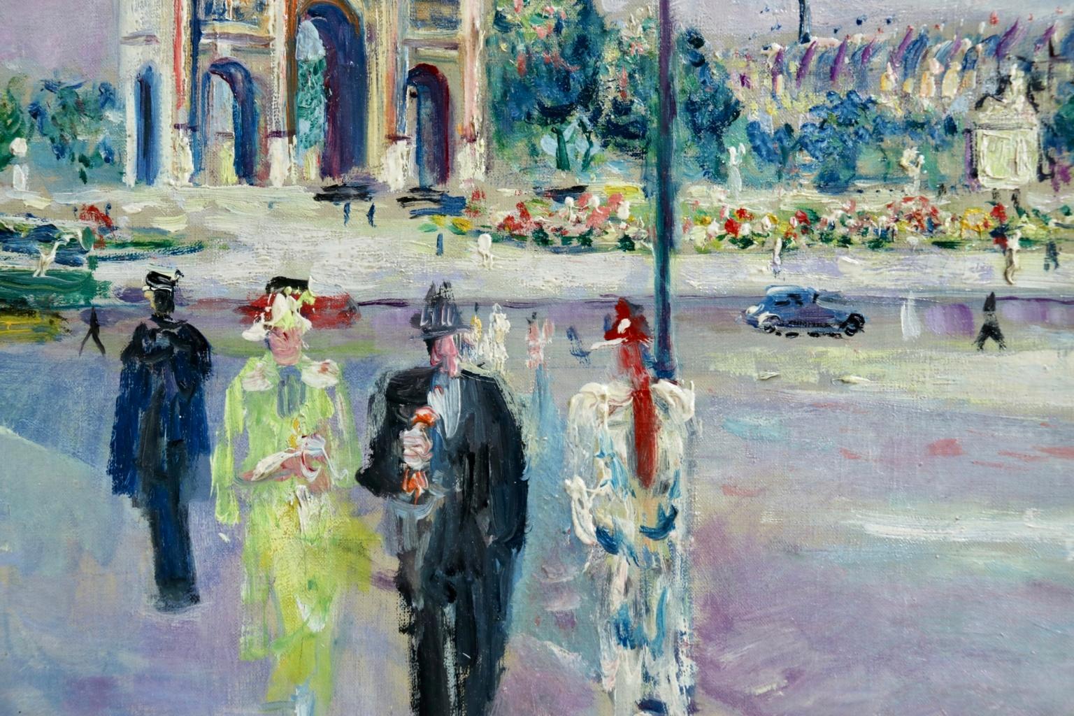 Carrousel du Louvre - Post Impressionist Oil, Figures in Cityscape by L Adrion 1