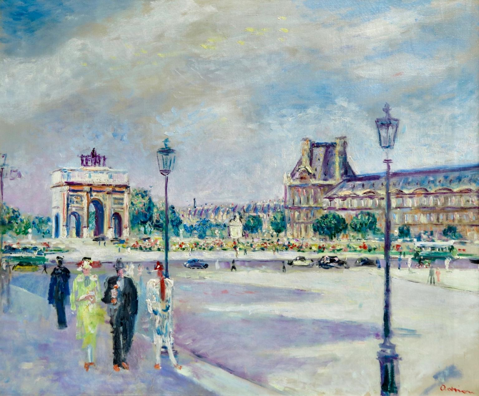 Lucien Adrion Figurative Painting - Carrousel du Louvre - Post Impressionist Oil, Figures in Cityscape by L Adrion