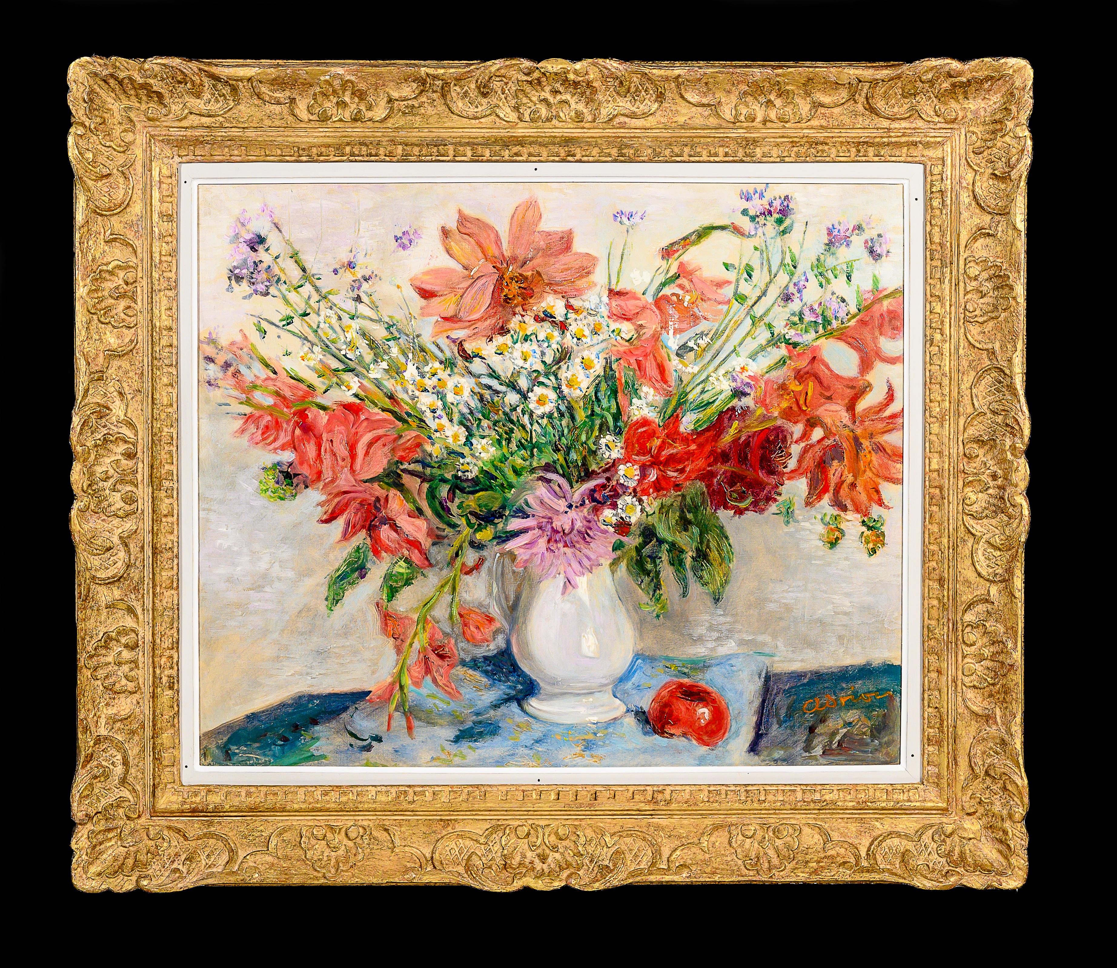 Bouquet de jardin Rouge vibrant Nature morte impressionniste Bouquet Peinture de fleurs - Painting de Lucien Adrion