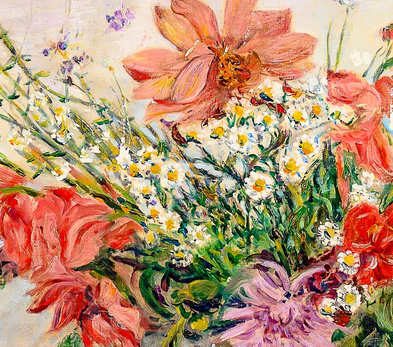 Bouquet de jardin Rouge vibrant Nature morte impressionniste Bouquet Peinture de fleurs en vente 1