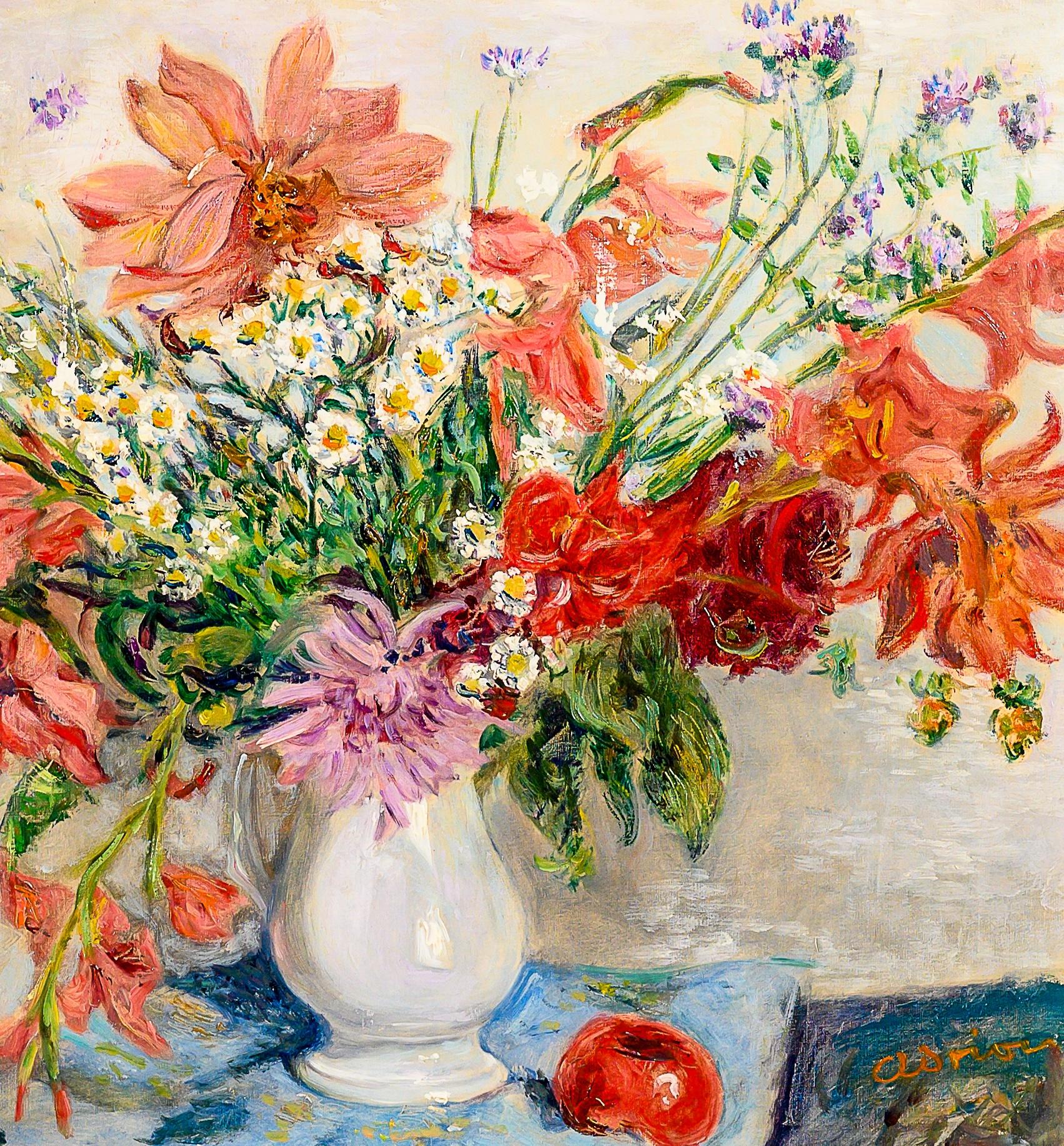 Bouquet de jardin Rouge vibrant Nature morte impressionniste Bouquet Peinture de fleurs en vente 2
