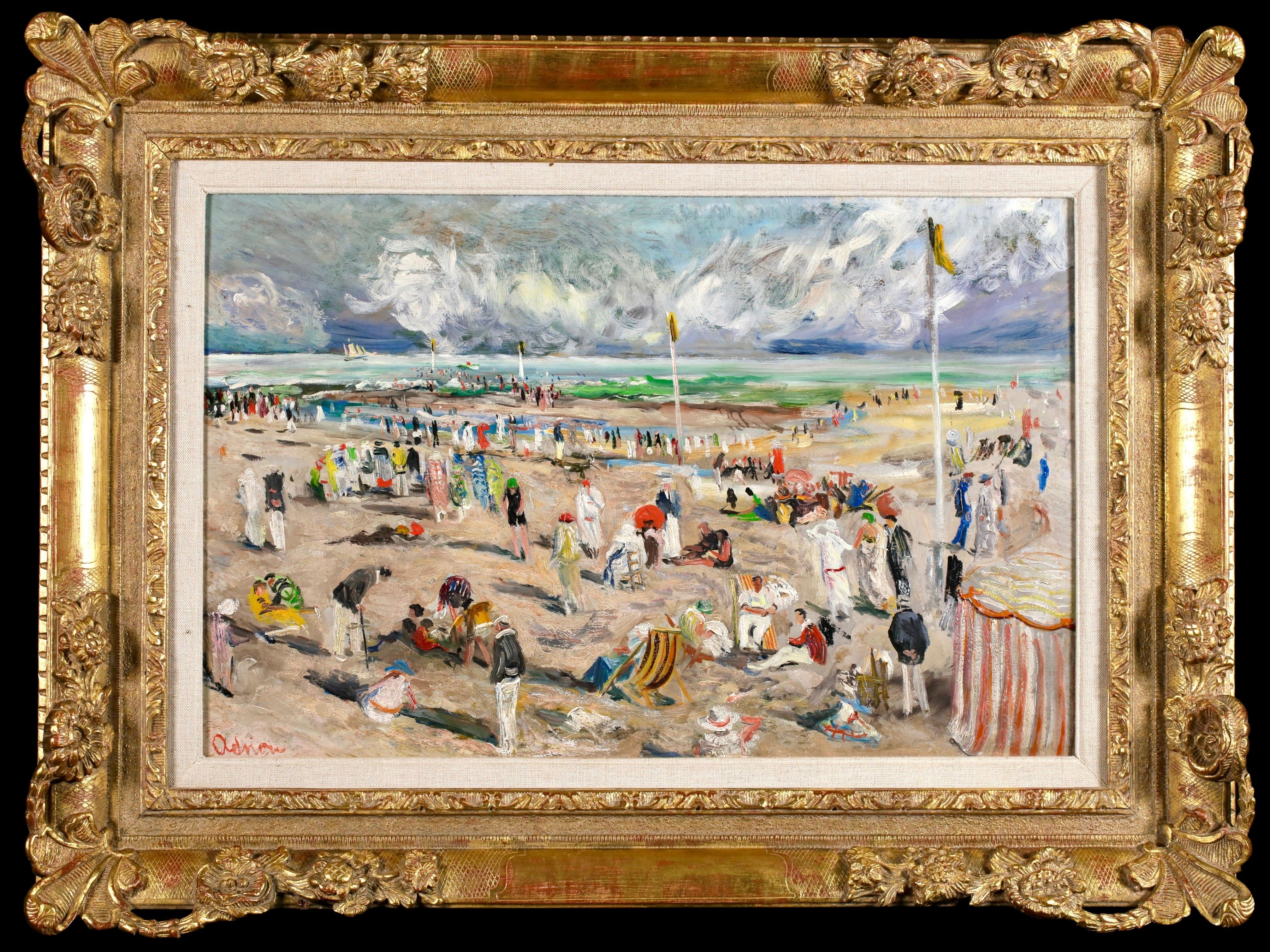 La Plage a Deauville - Post Impressionistt Figures in Landscape by Lucien Adrion