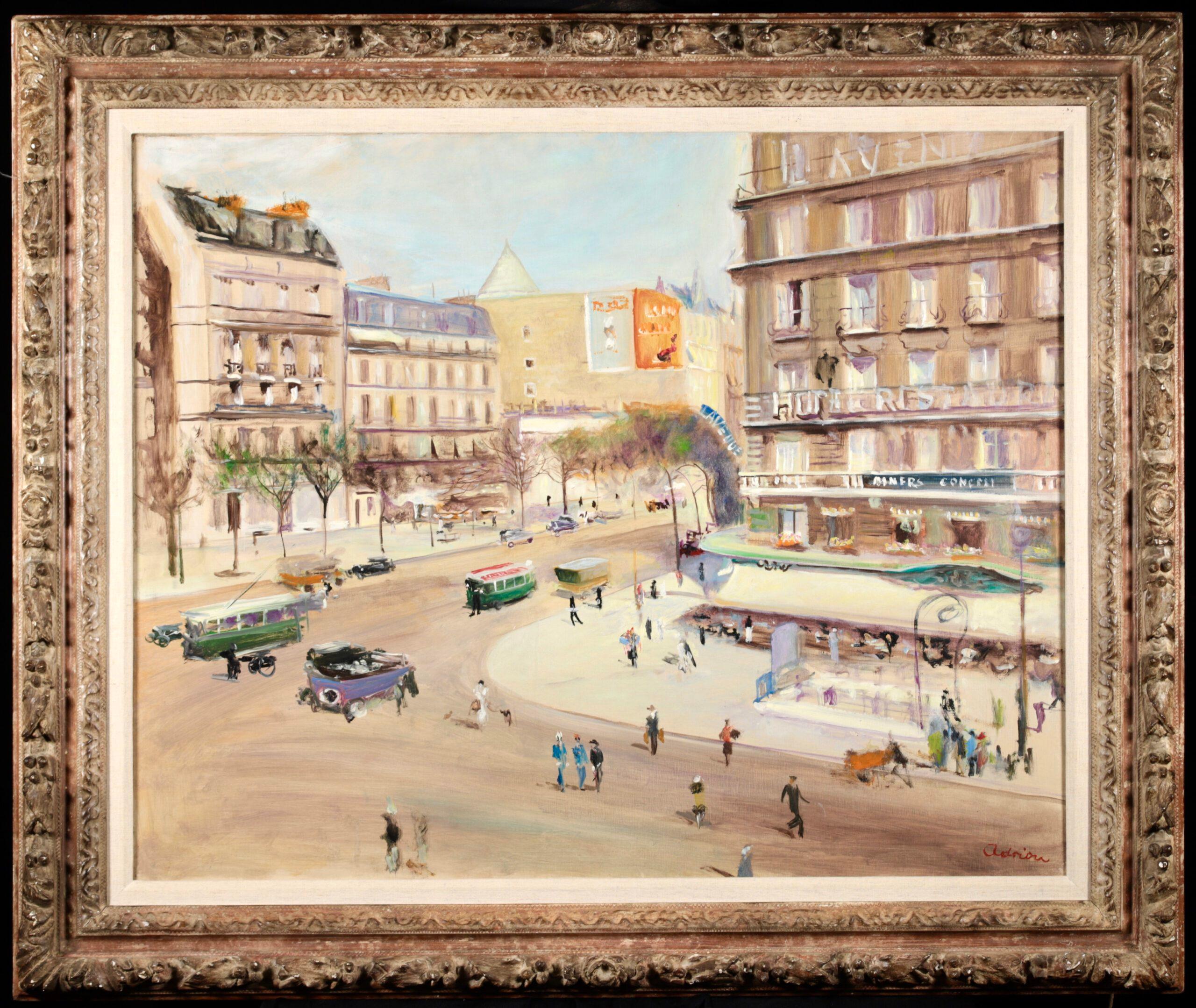 Signed figures in landscape oil on canvas circa 1920 by French post impressionist painter Lucien Adrion. The painting depicts people going about their daily lives on the streets of Paris, France on a sunny spring day with trams travelling along the