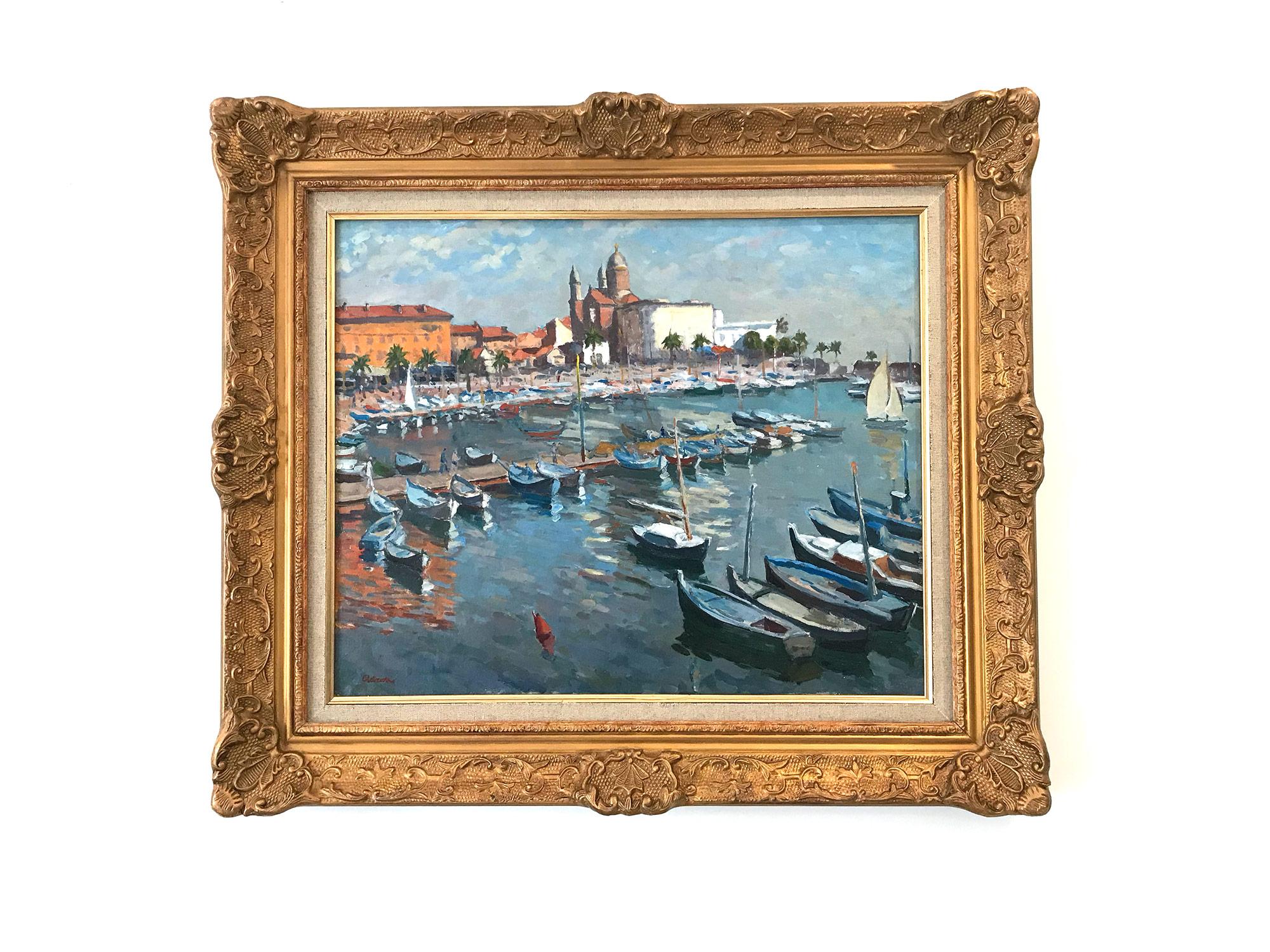 Peinture à l'huile post-impressionniste « Marine in the French Riviera » représentant des bateaux de croisière en vente 10