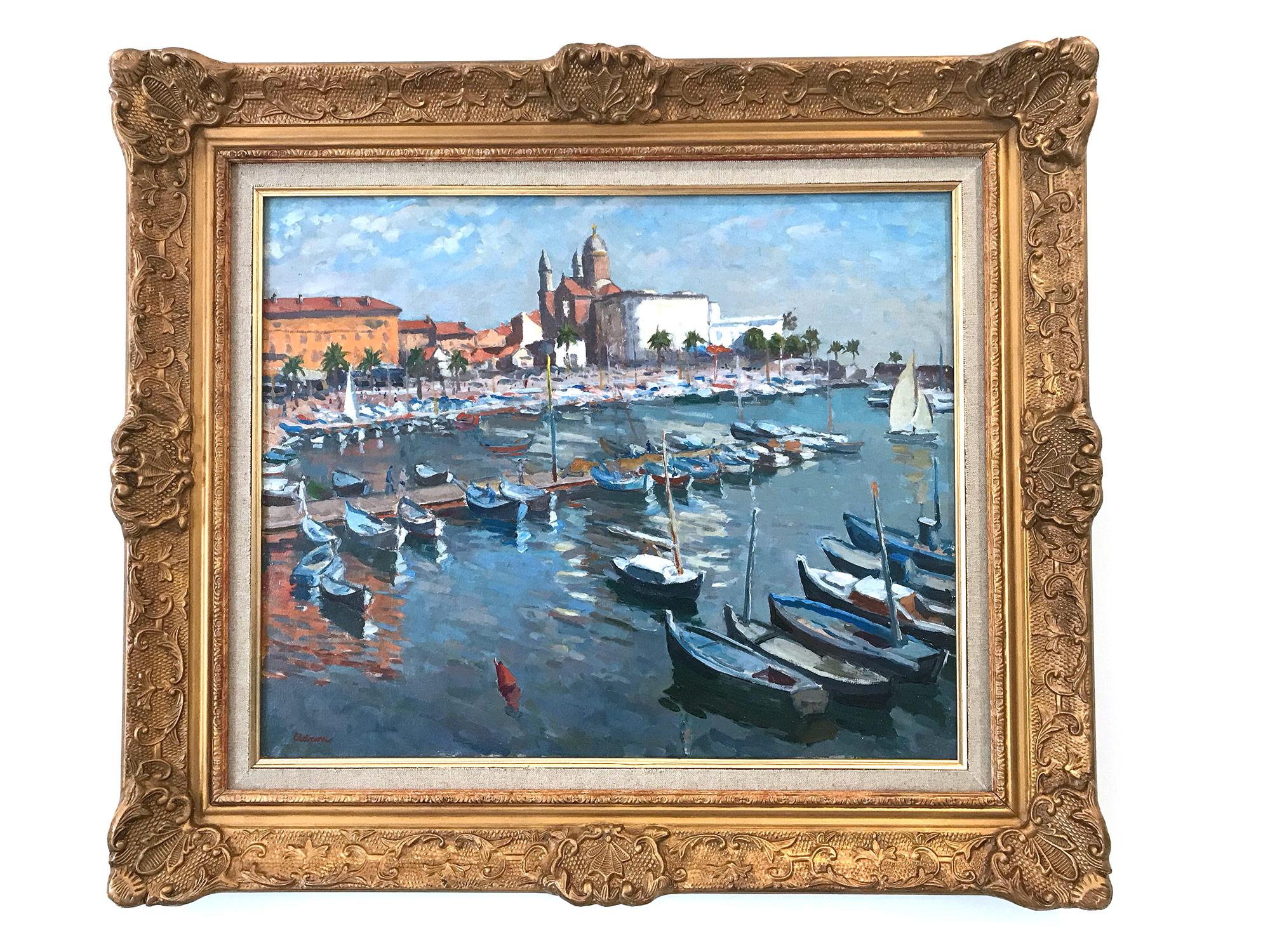 Peinture à l'huile post-impressionniste « Marine in the French Riviera » représentant des bateaux de croisière en vente 13