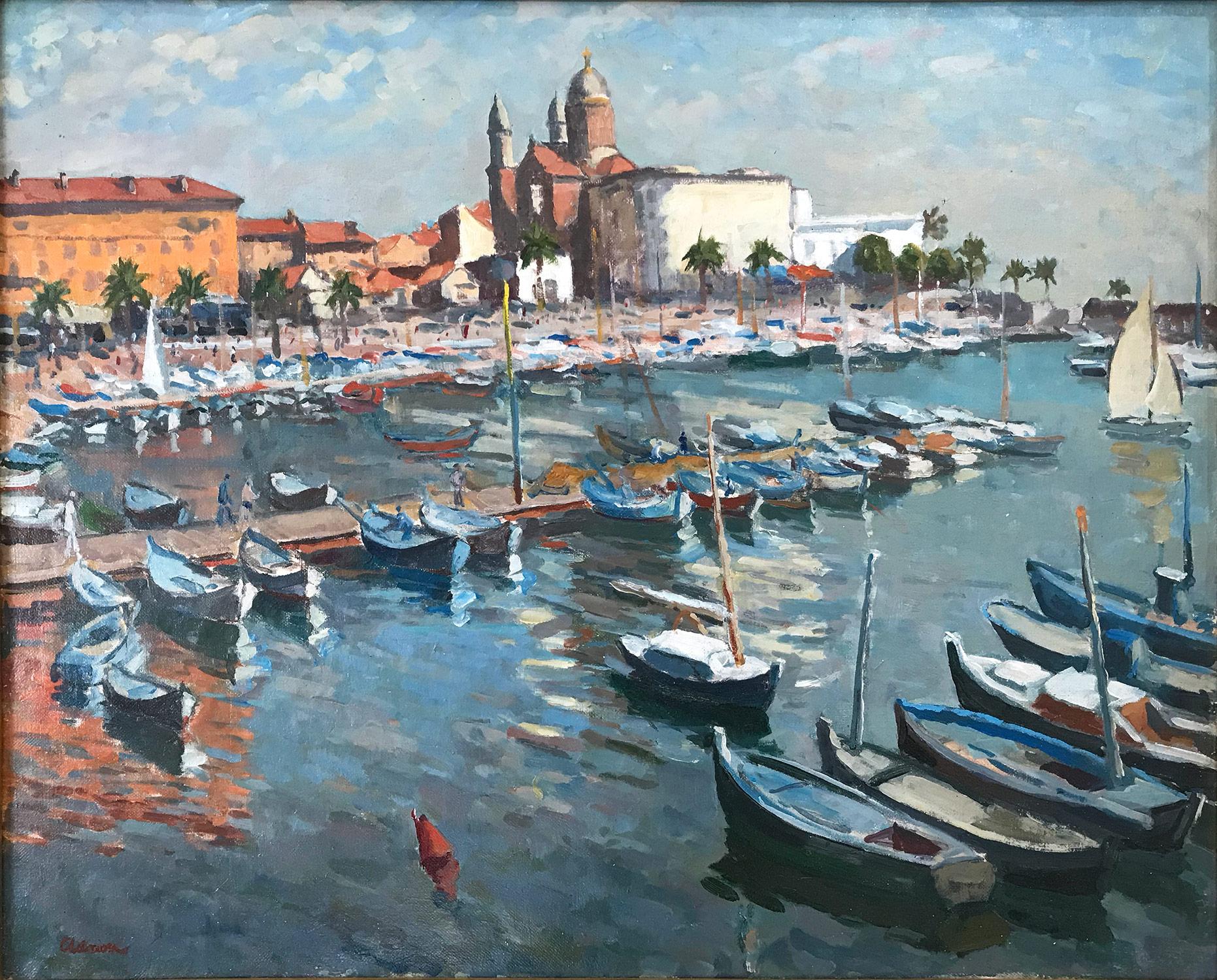 Peinture à l'huile post-impressionniste « Marine in the French Riviera » représentant des bateaux de croisière - Painting de Lucien Adrion