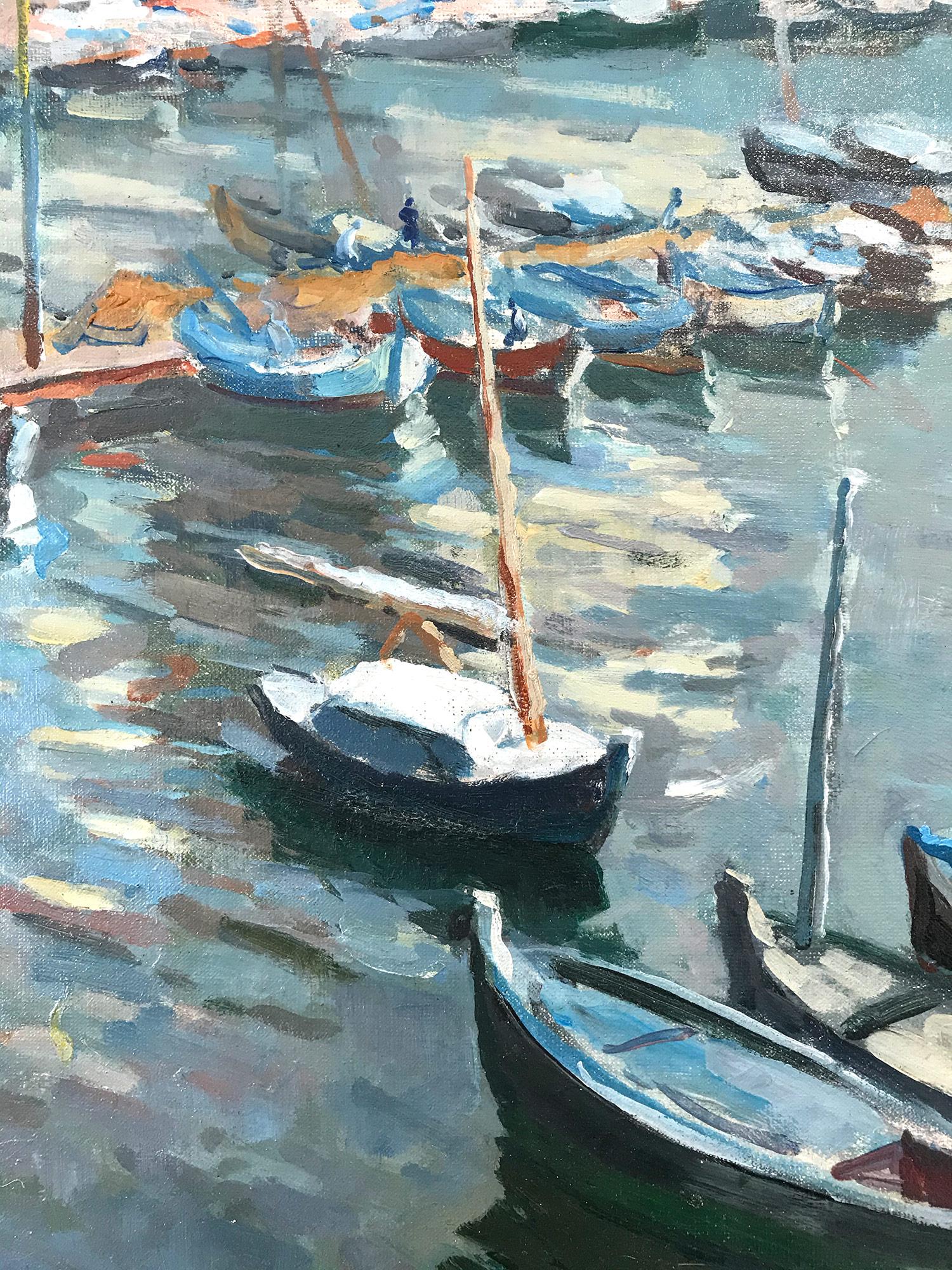 Peinture à l'huile post-impressionniste « Marine in the French Riviera » représentant des bateaux de croisière - Post-impressionnisme Painting par Lucien Adrion