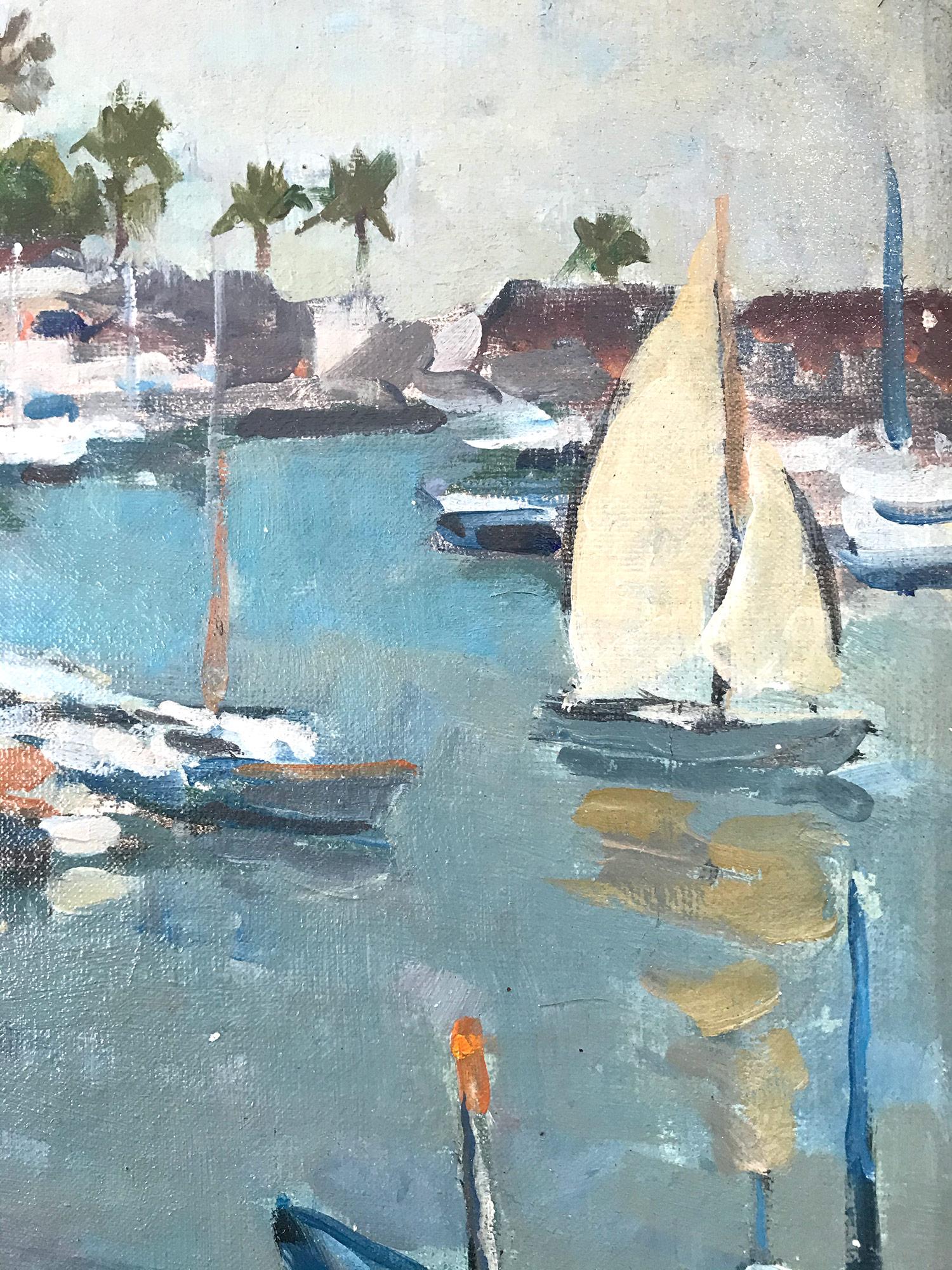 Peinture à l'huile post-impressionniste « Marine in the French Riviera » représentant des bateaux de croisière en vente 1