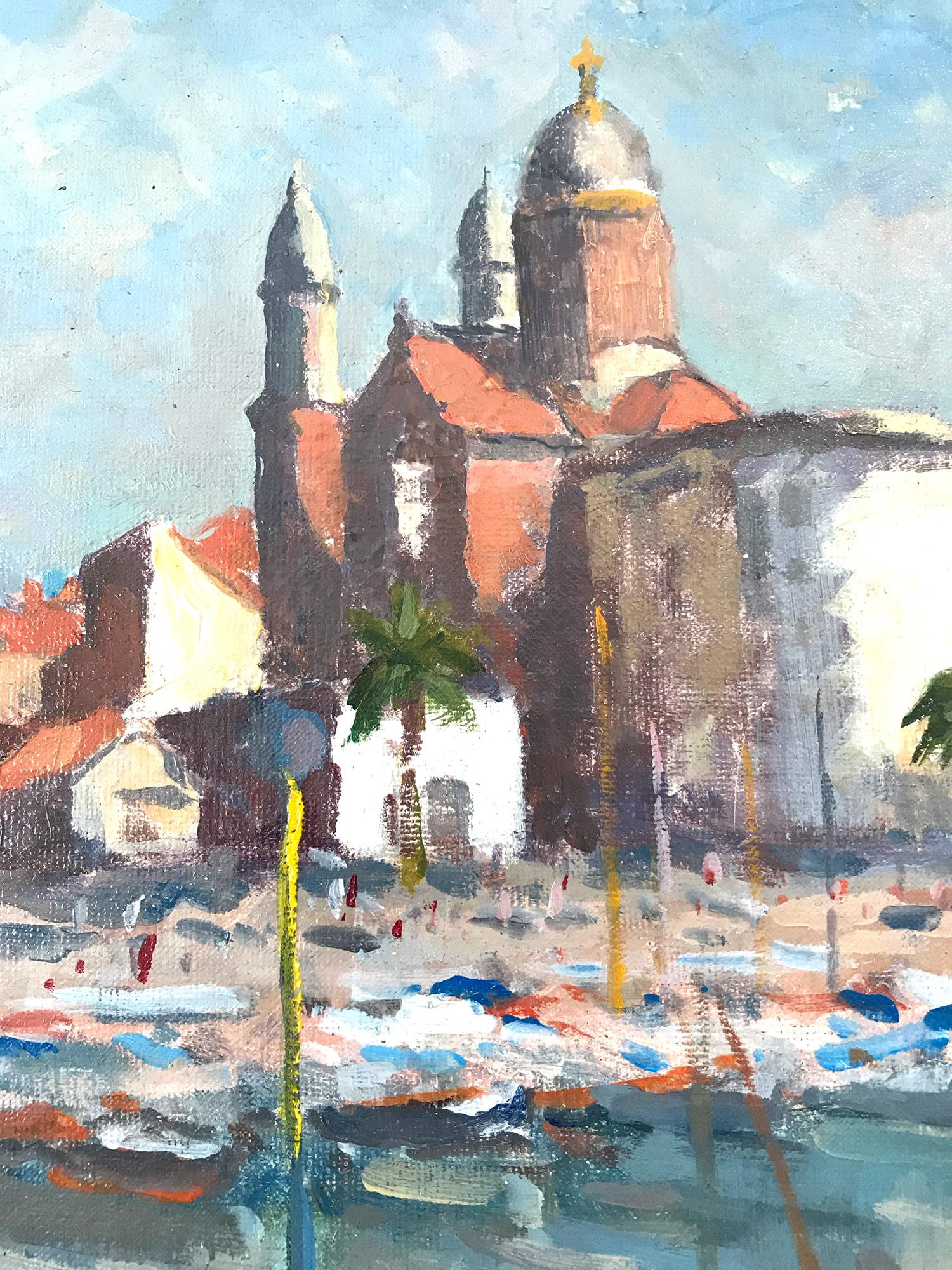 Peinture à l'huile post-impressionniste « Marine in the French Riviera » représentant des bateaux de croisière en vente 2