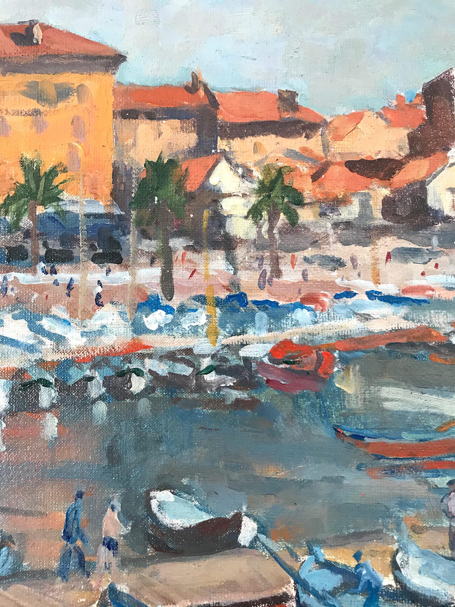 Peinture à l'huile post-impressionniste « Marine in the French Riviera » représentant des bateaux de croisière en vente 3