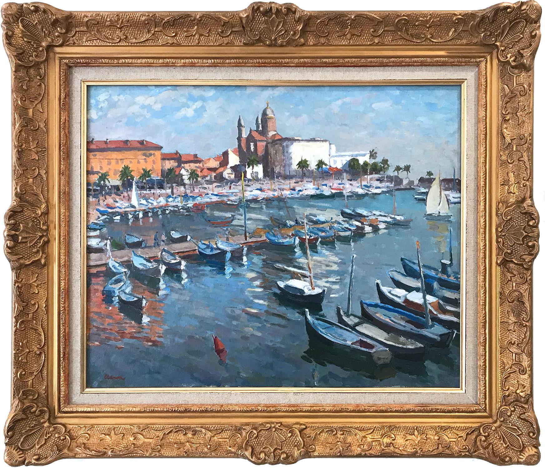 "Marina in the French Riviera" Post-Impressionist Sea Shore Boats Oil Painting