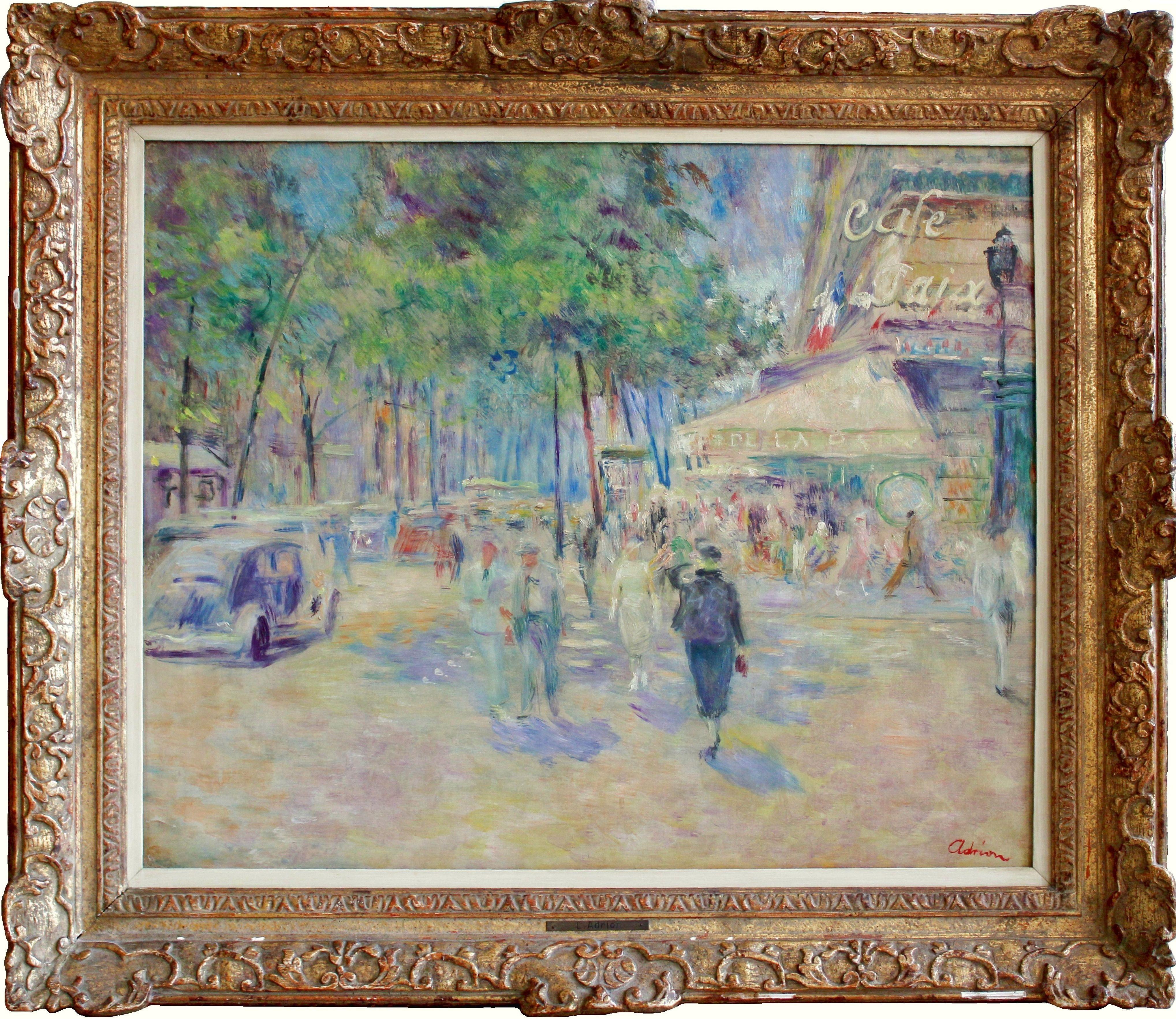 Paris, Cafe de la Paix. Oil on canvas, 60x73 cm - Painting by Lucien Adrion