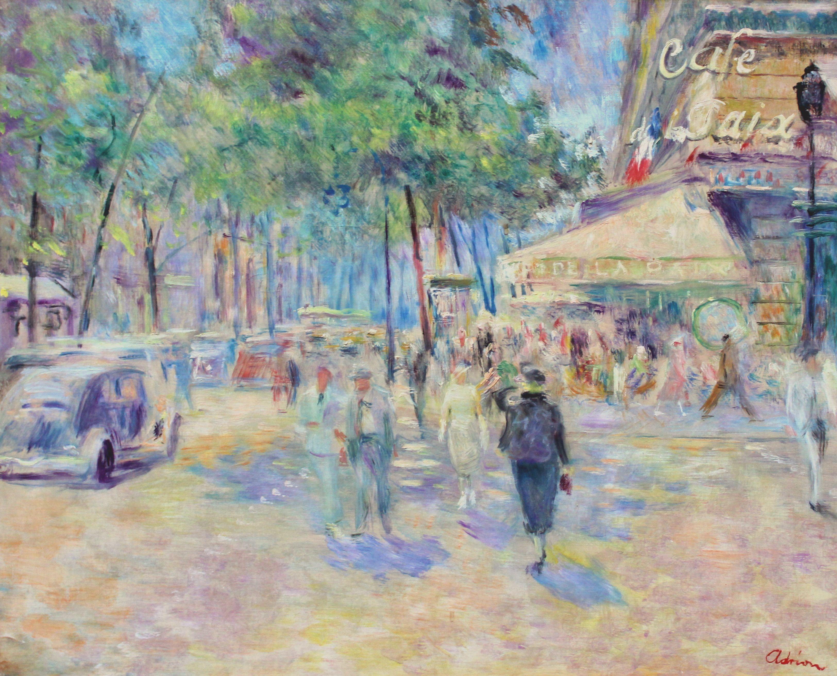 Lucien Adrion Figurative Painting - Paris, Cafe de la Paix. Oil on canvas, 60x73 cm
