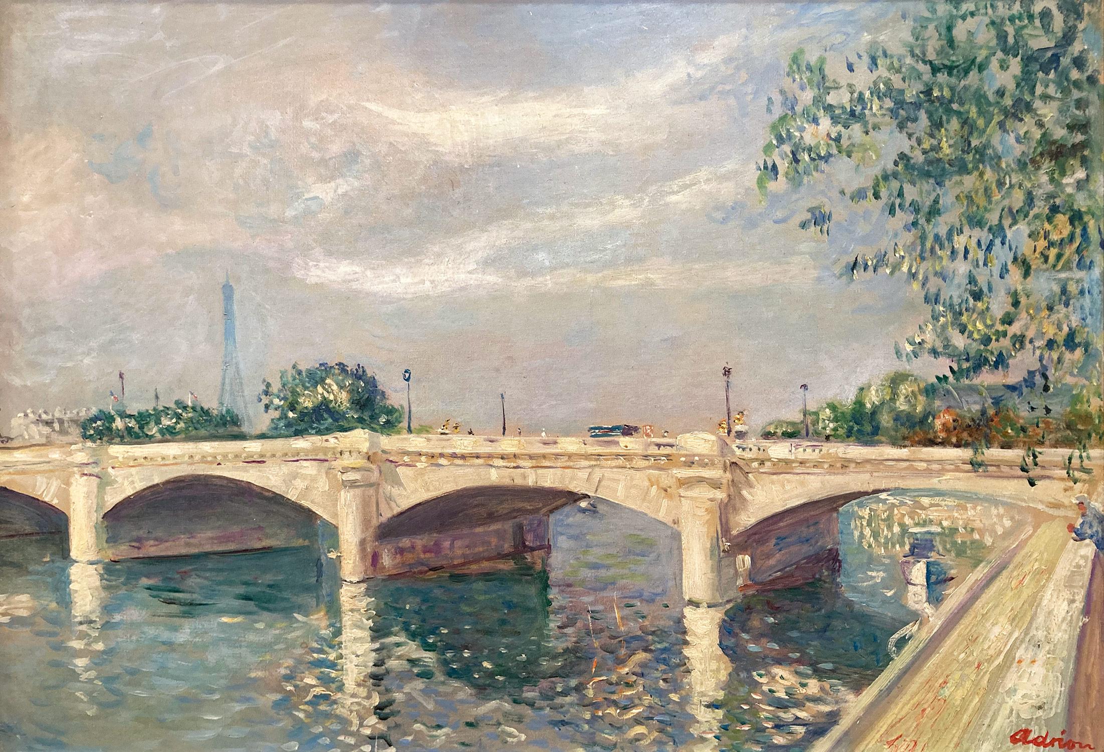 Peinture à l'huile post-impressionniste « Pont de la Concorde » en Seine à Paris  - Painting de Lucien Adrion