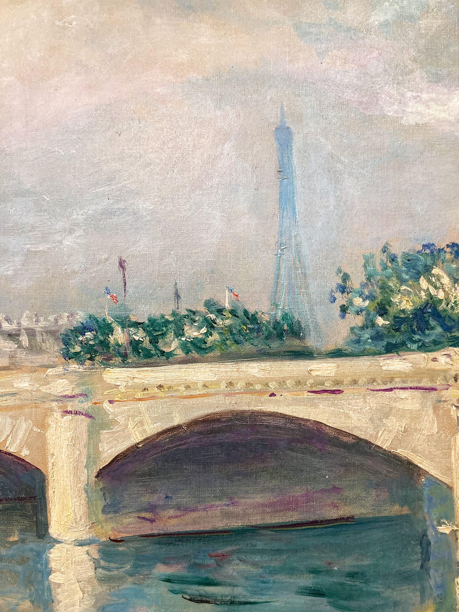 Peinture à l'huile post-impressionniste « Pont de la Concorde » en Seine à Paris  - Marron Figurative Painting par Lucien Adrion