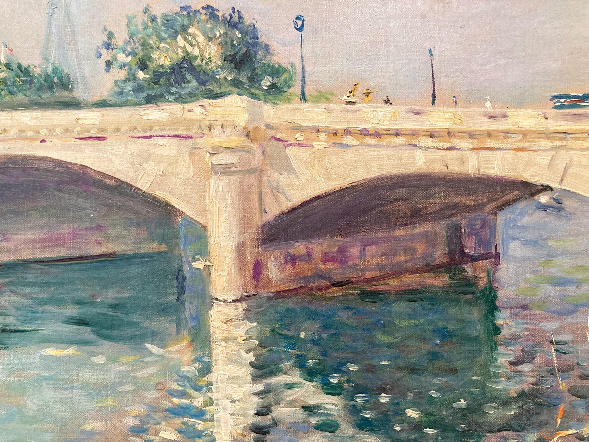 Cette œuvre de Lucien Adrion est une merveilleuse représentation de ses œuvres impressionnistes représentant le pont de la Concorde traversant la Seine à Paris avec la tour Eiffel au loin. Utilisant une palette de couleurs vives, Adrion exécute