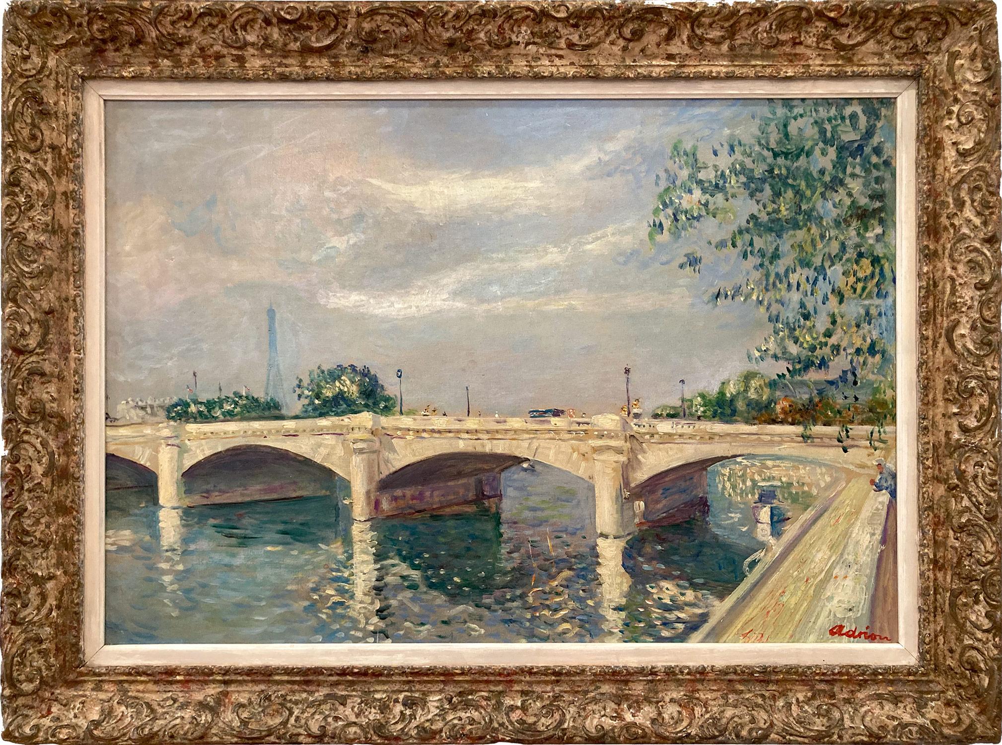 Lucien Adrion Figurative Painting - "Pont De La Concorde" Post-Impressionist Oil Painting Across the Seine in Paris 