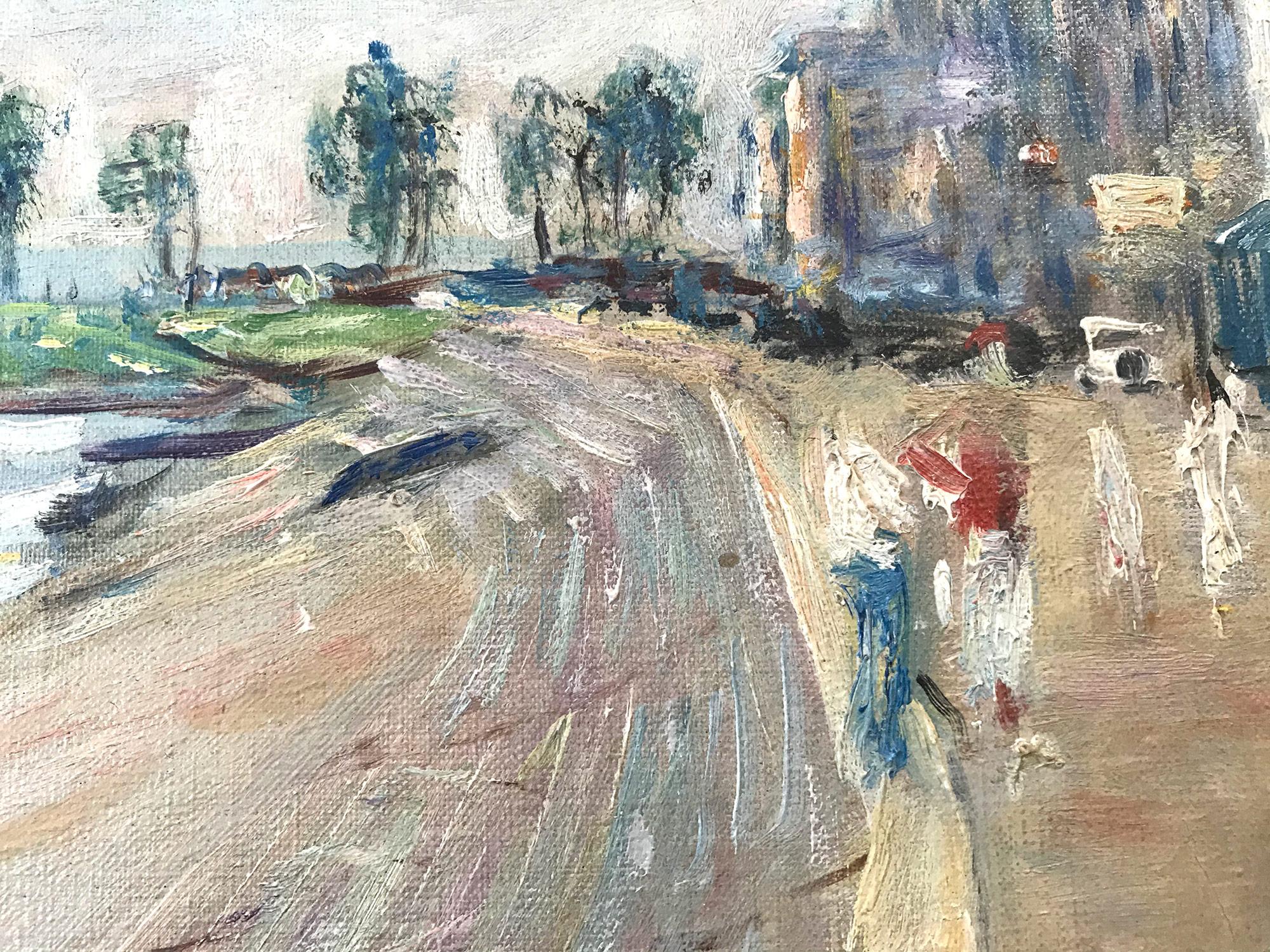 This work by Lucien Adrion is a wonderful representation of his impressionistic works at the Promenade en bord de Mer à Saint-Valéry. Using a bright palette of colors, Adrion executes this piece with much attention to detail with figures situated
