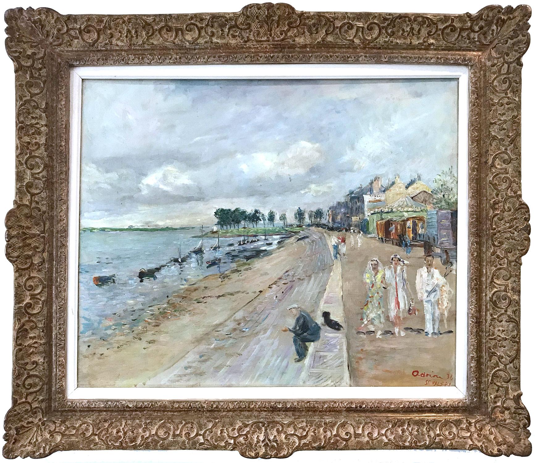 Lucien Adrion Landscape Painting - "Promenade en bord de mer à Saint-Valéry" Post-Impressionist Sea Scape Painting