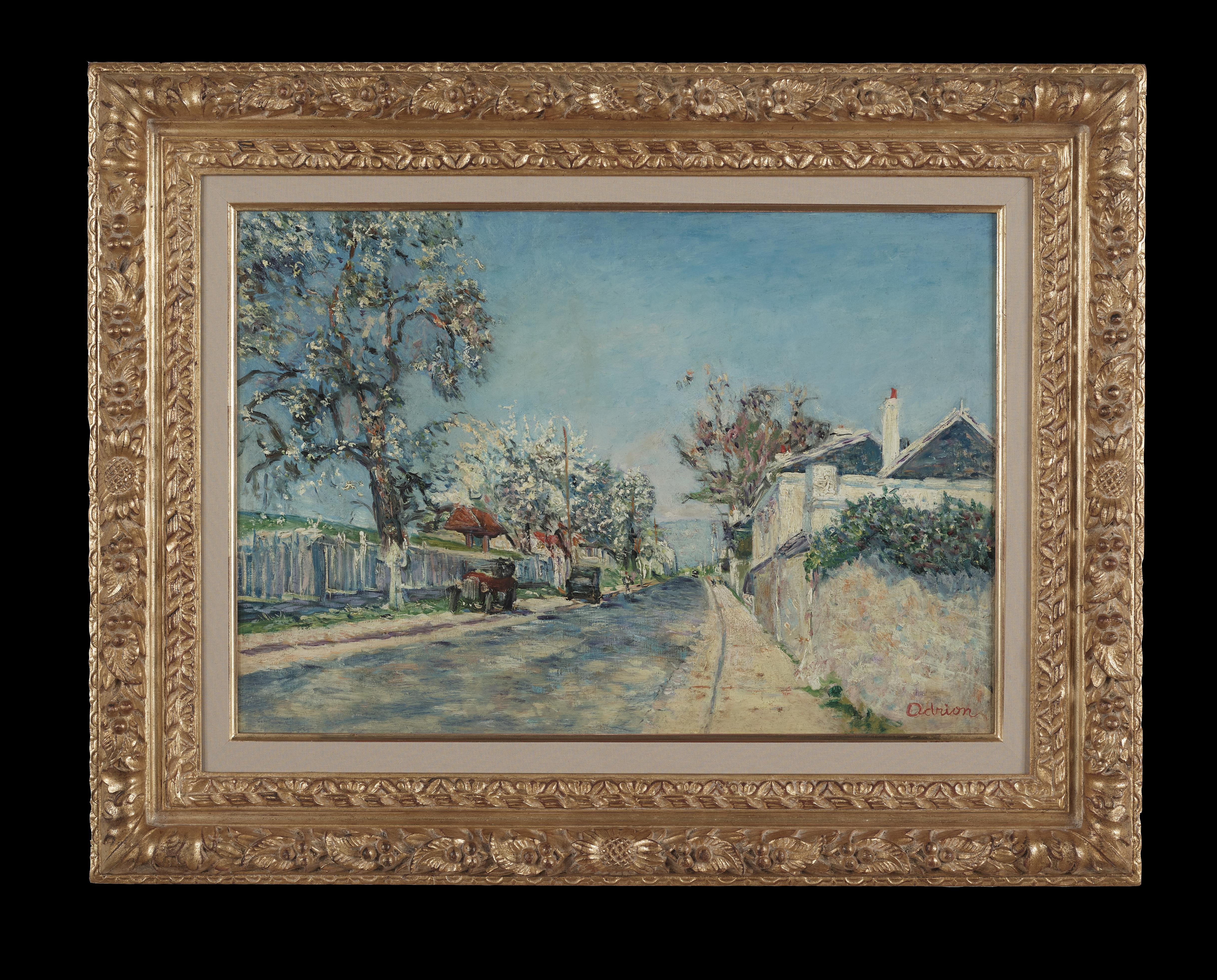 Rue de Bievre, Paris Impressionist Landscape painting with blossom, classic car – Painting von Lucien Adrion