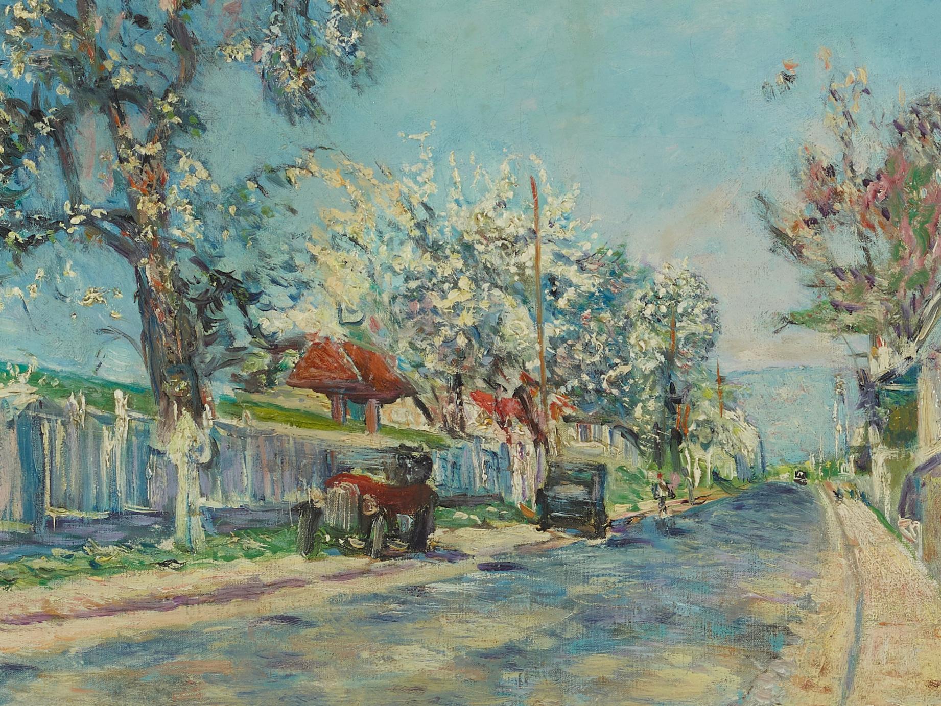 Rue de Bievre, Paris Impressionist Landscape painting with blossom, classic car (Grau), Landscape Painting, von Lucien Adrion