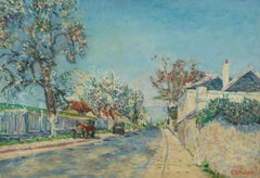 Rue de Bievre, Paris Impressionist Landscape painting with blossom, classic car