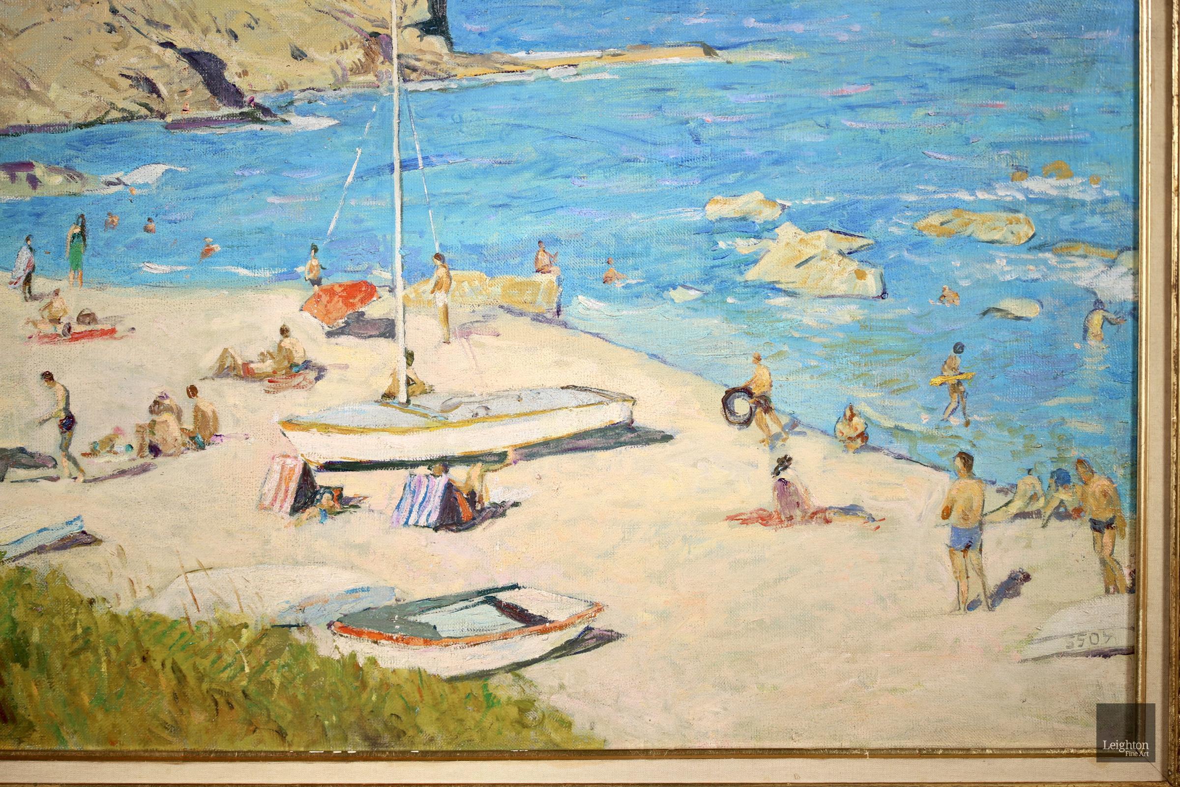 Wonderful signed figures in landscape oil on canvas circa 1940 by French post impressionist painter Lucien Adrion. The painting depicts families enjoying a sunny summer's day at the beach - some are relaxing on the golden sand while children build