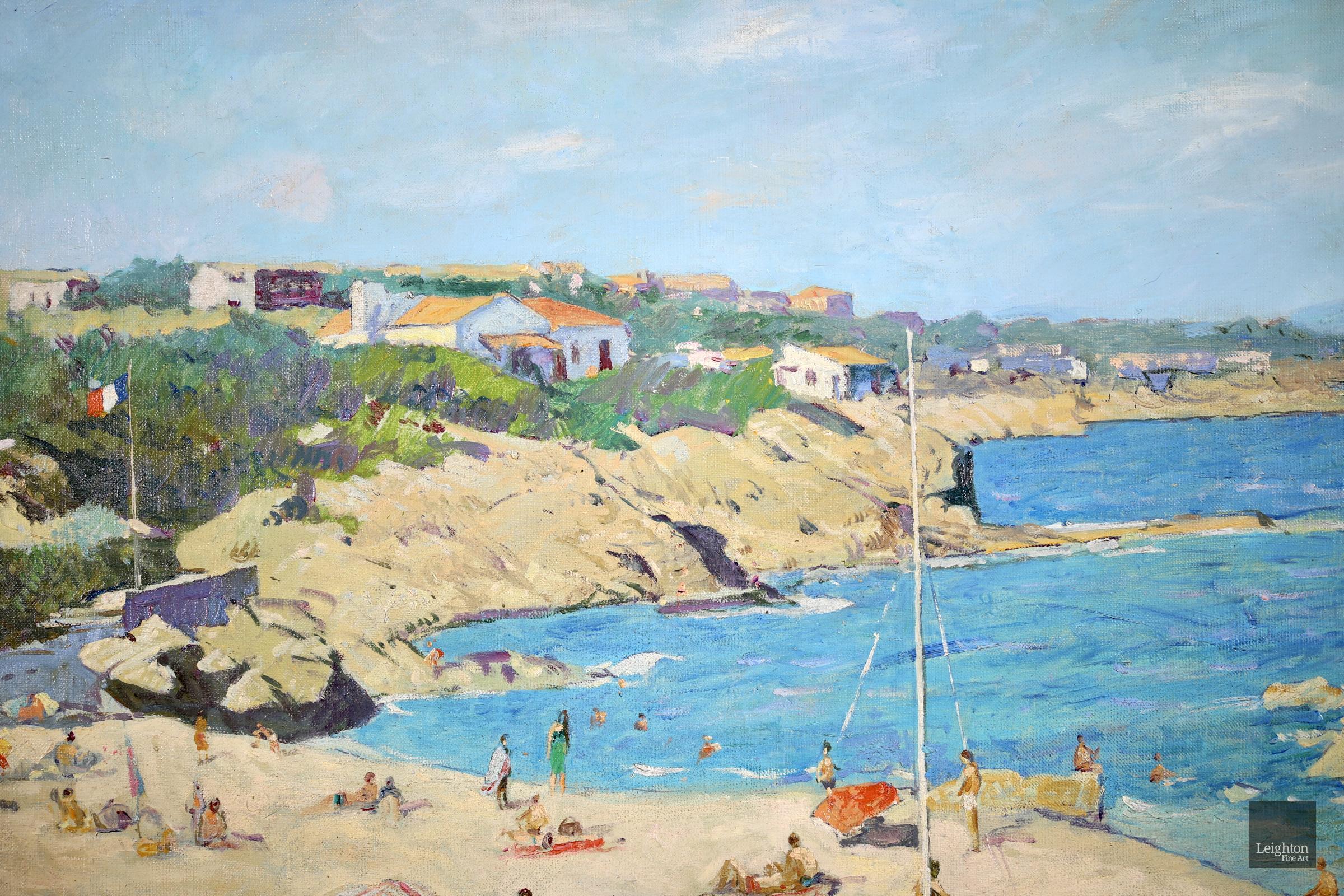 Sur la Plage - Huile post-impressionniste, Figures sur la plage Paysage marin - Lucien Adrion en vente 3