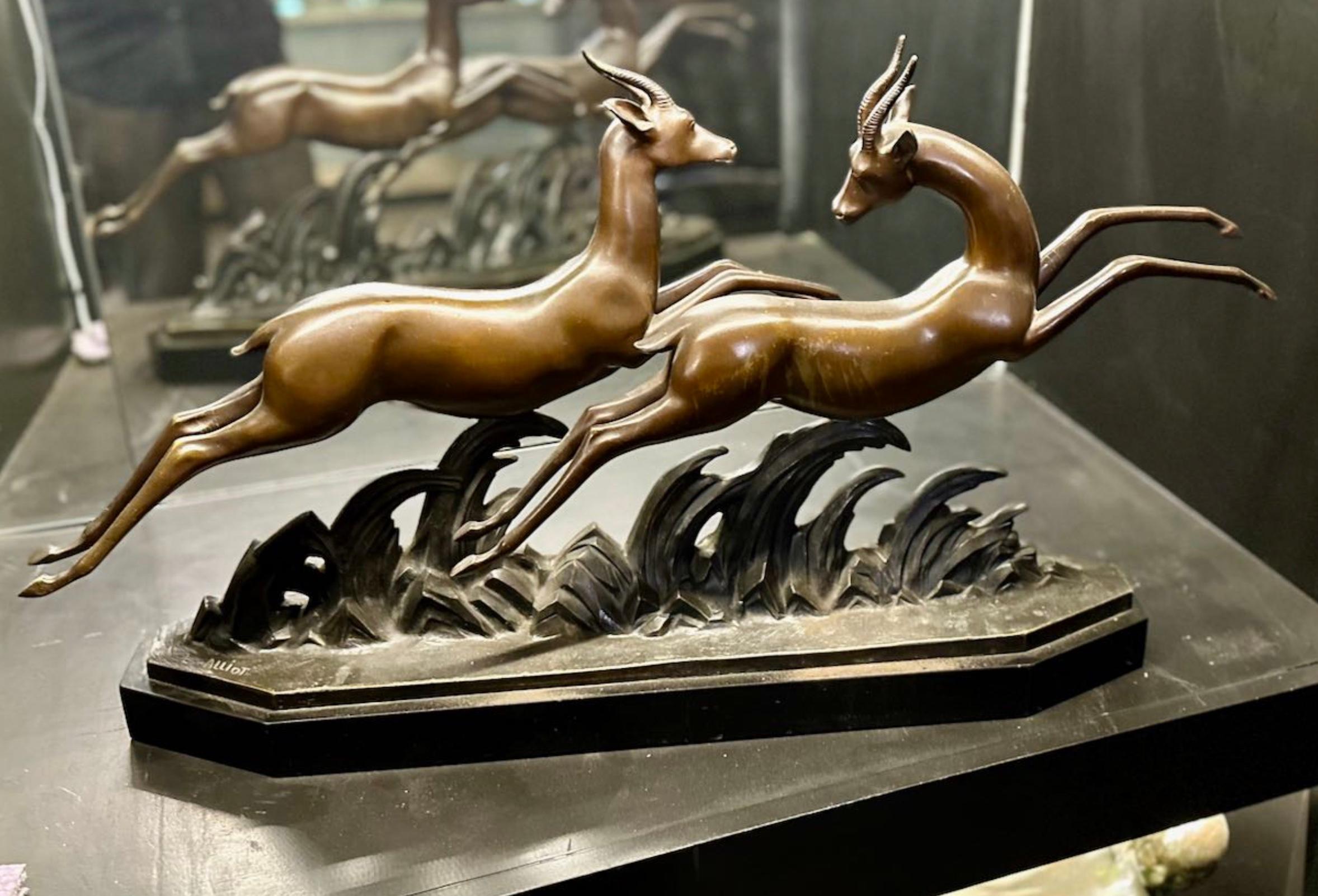 Lucien Charles E. Alliot French Art Deco Bronze The Gazelles 1930 - Sculpture by Lucien Alliot