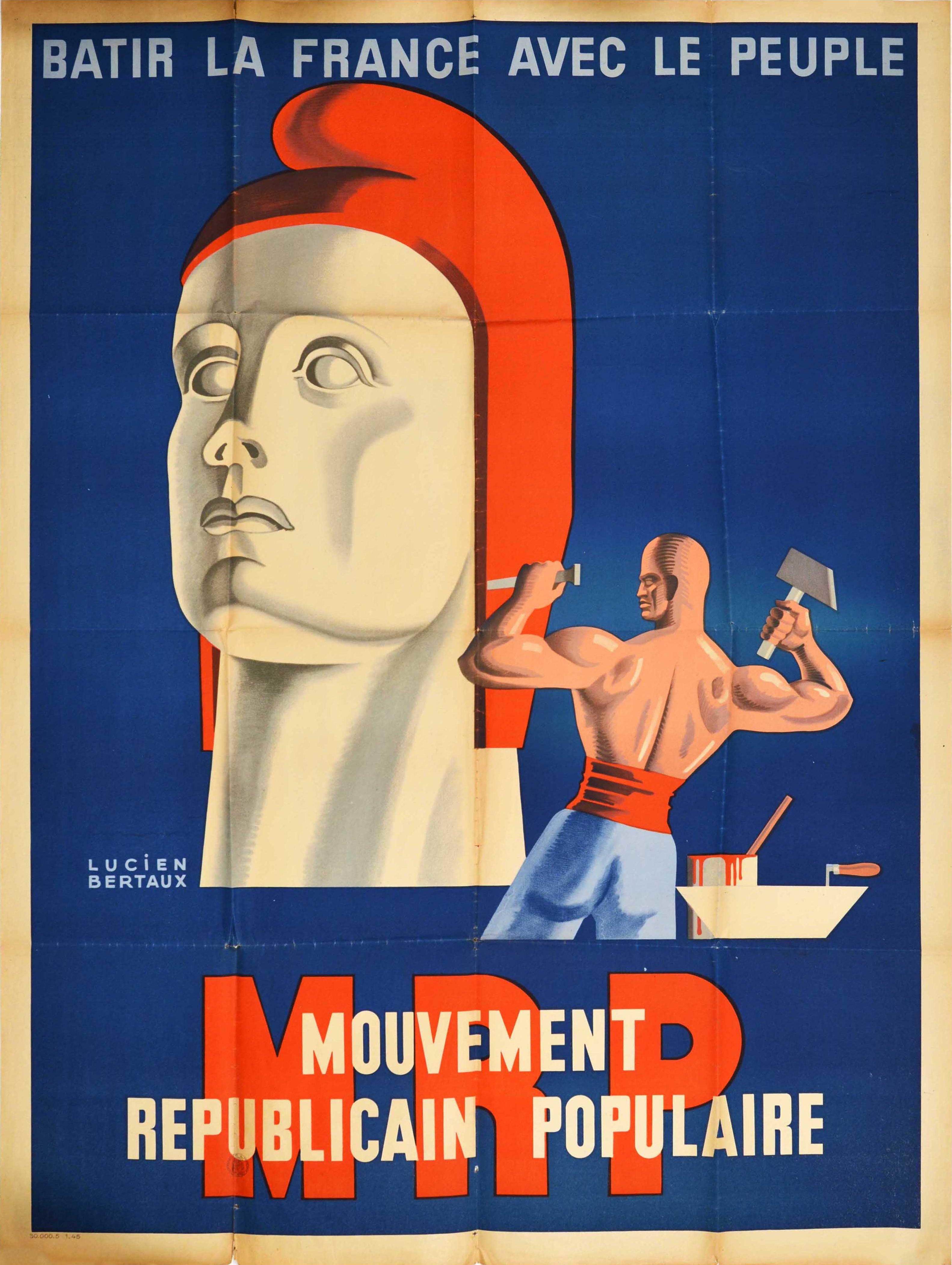 Lucien Bertaux Print - Original Vintage Election Propaganda Poster Marianne Liberty MRP Republican Art