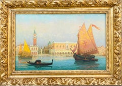 Vintage French impressionist painting - Sunset in Venice - Cityscape Boat ca. 1940s