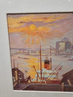 Lucien Biva New York Harbor Marine Oil Painting 1920s