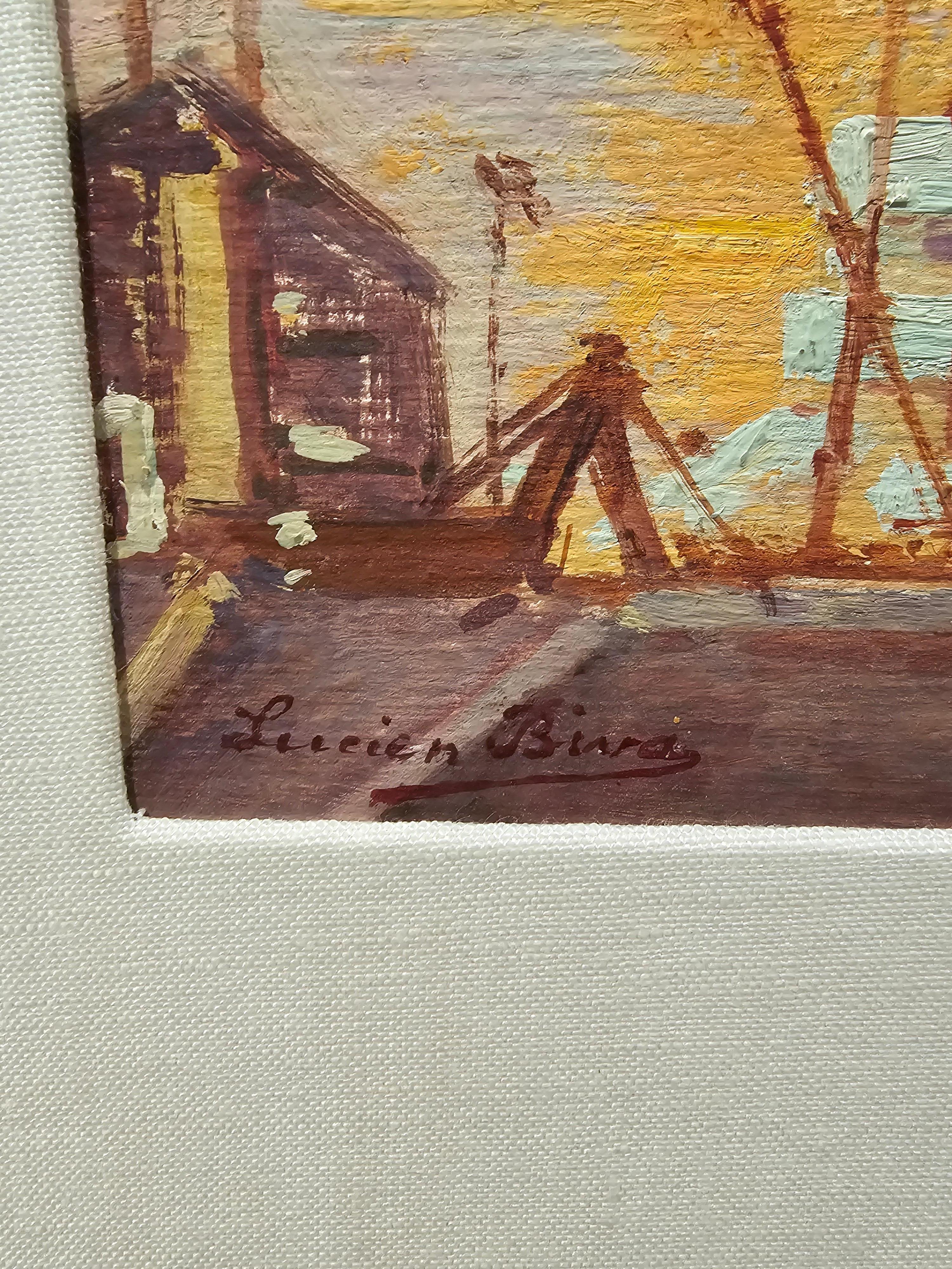 Lucien Biva Pintura al óleo marina del puerto de Nueva York Años 20 Industrial en venta