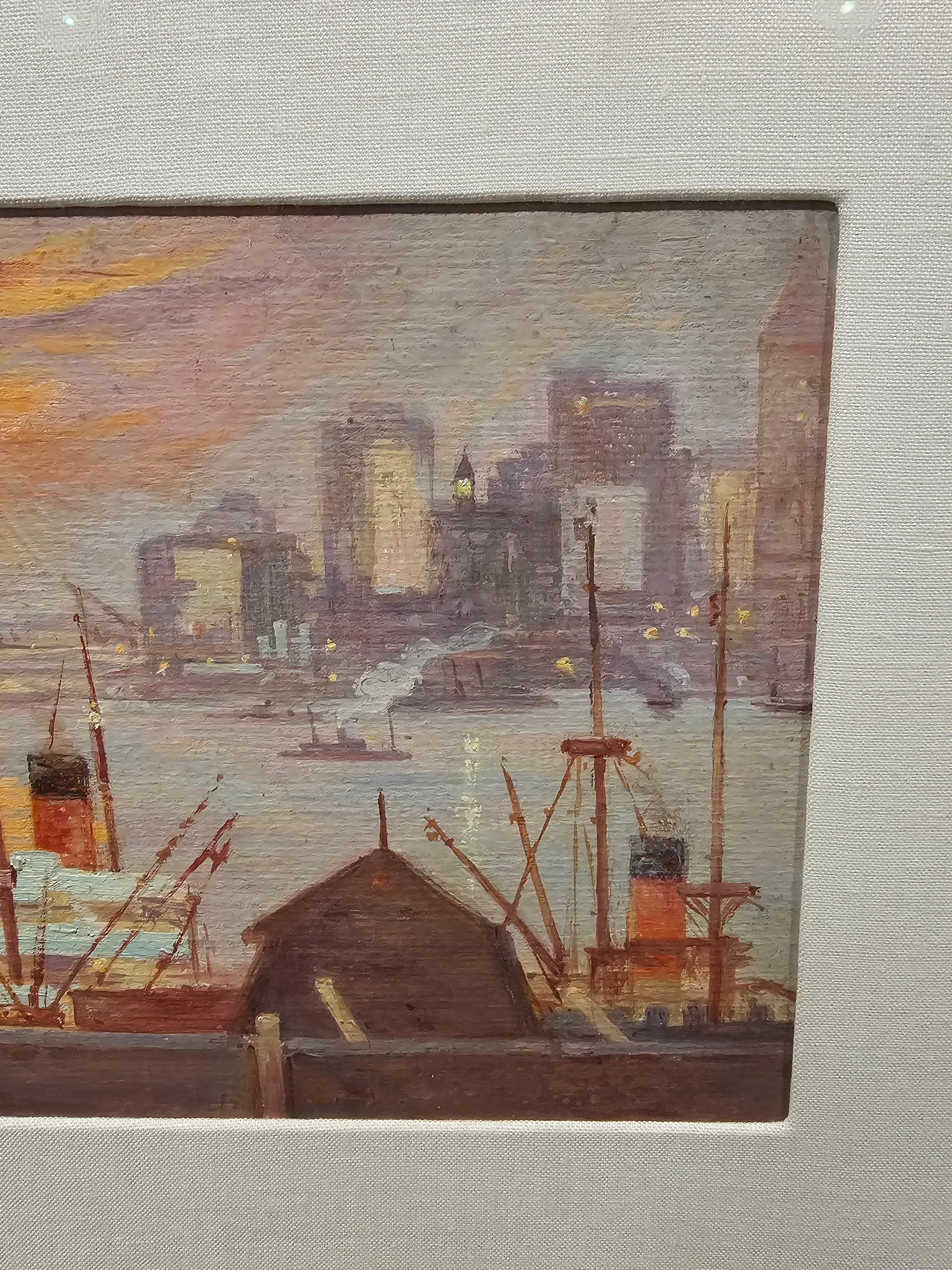 Lucien Biva Pintura al óleo marina del puerto de Nueva York Años 20 Estadounidense en venta